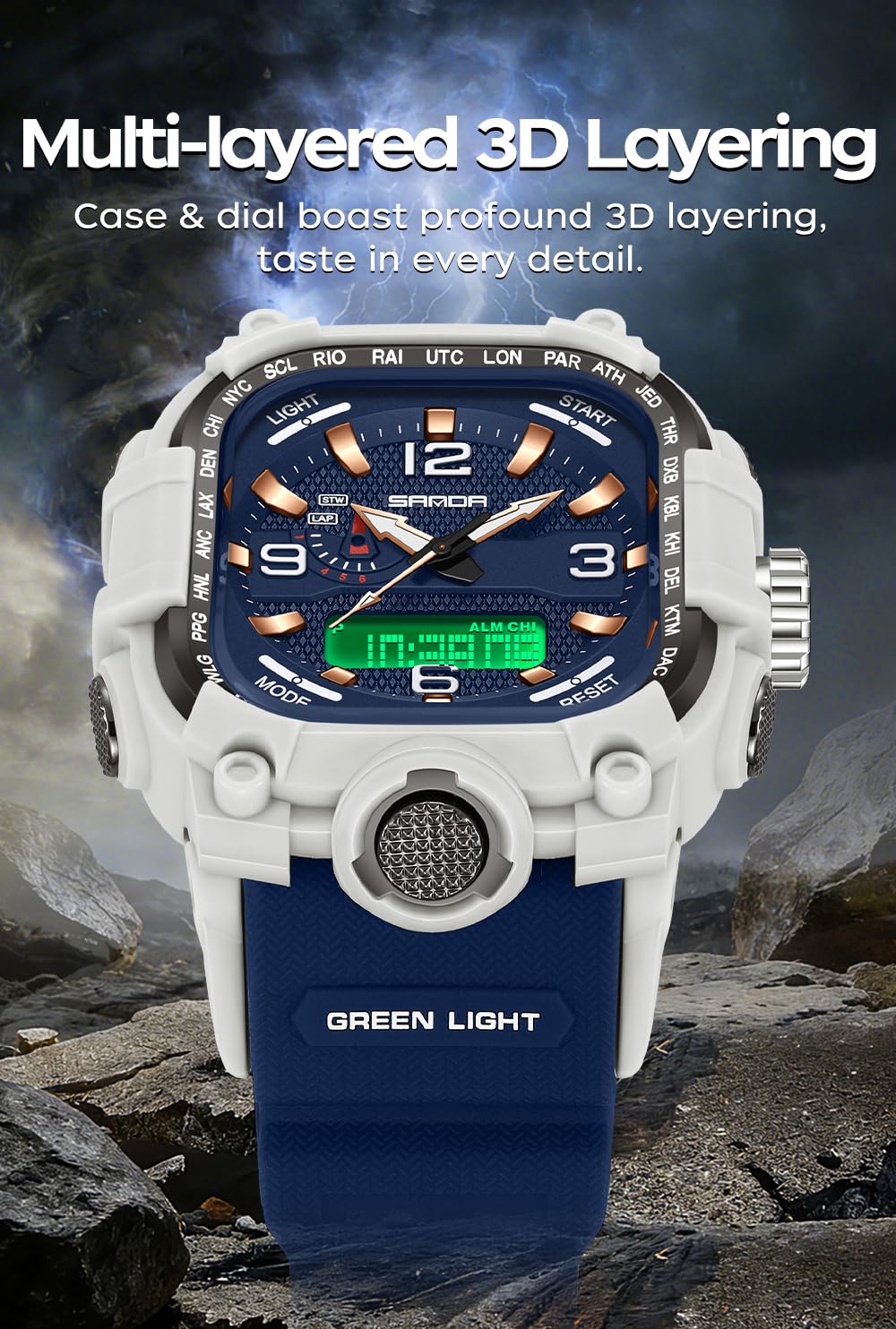 FANMIS Orologio sportivo da uomo, digitale, analogico, resistente all'acqua fino a 5 ATM, orologio da polso per esterni, multifunzione, orologio militare con display luminoso, conto alla rovescia