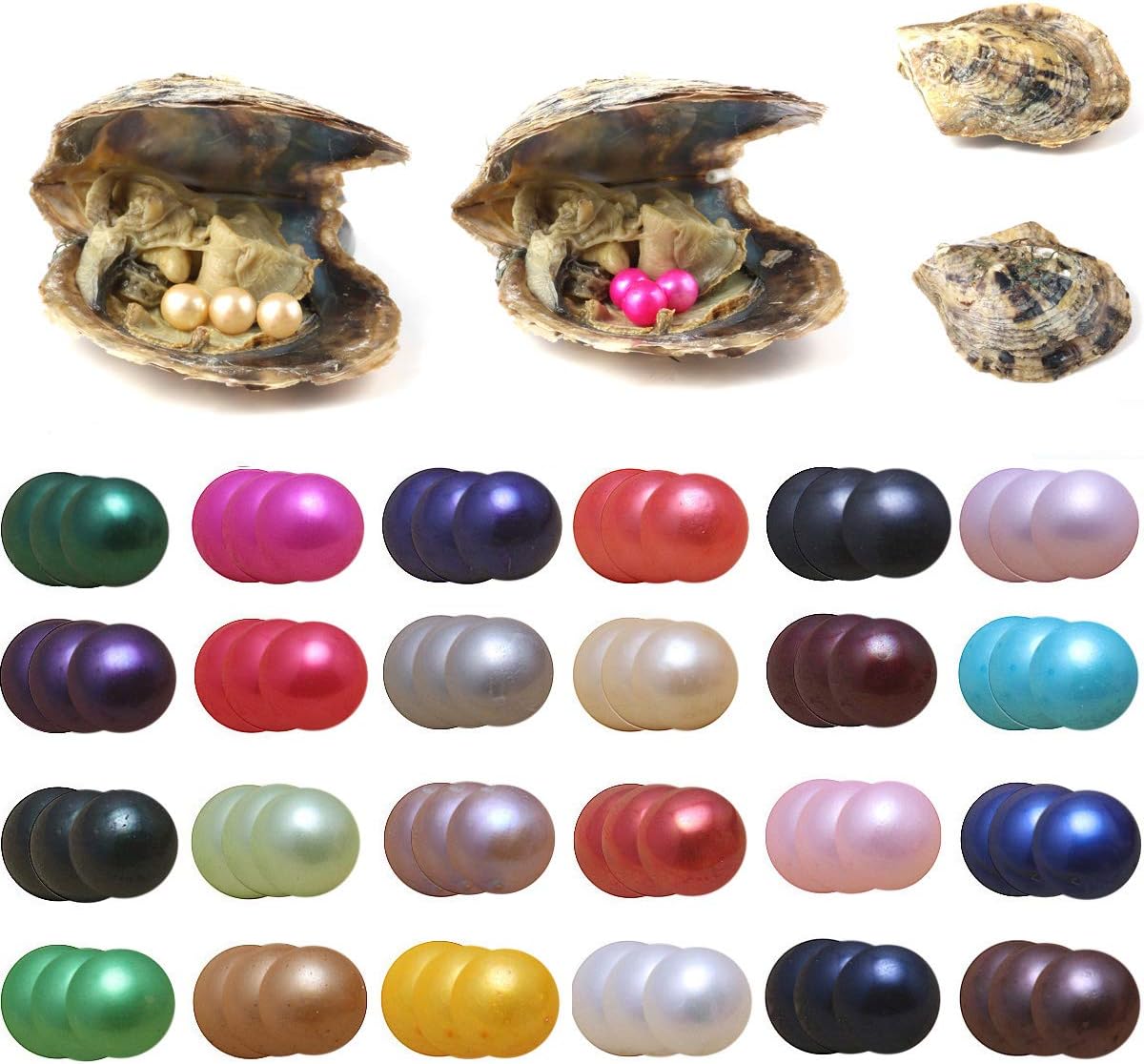 Akoya Pearls in Oyster, 10PCS Triplets Pearls Saltwater with Round Pearl Inside Random Color (6.5-7.5mm)