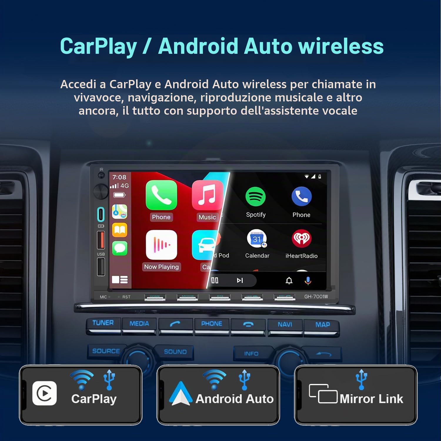 Autoradio Bluetooth 2 DIN con schermo da 7", compatibile con Apple CarPlay [Wireless] Android Auto Type-C USB 3A ricarica rapida telecamera posteriore AM/FM/RDS radio DSP