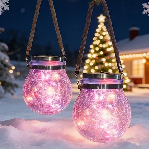 Miniatura 7 de Luces solares colgantes para exteriores, VGE Paquete de 2 luces de bola de vidrio agrietado con 30 LED decorativas, luces solares impermeables para