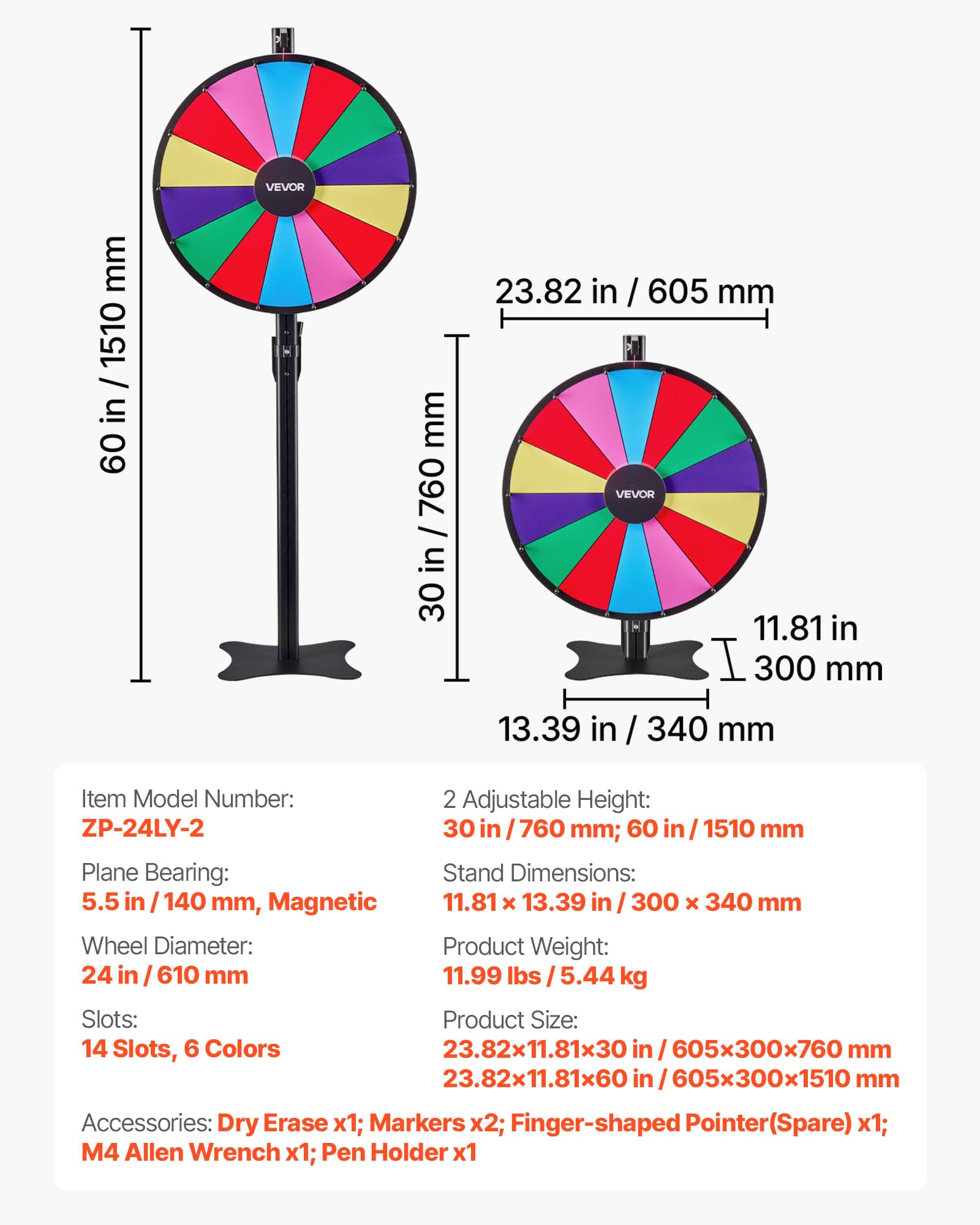 VEVOR Ruota dei Premi Girevole da 610 mm, Ruota Girevole a 14 Slot con Supporto, Altezza Regolabile, Roulette Win Fortune con Cancellabile a Secco e 2 Pennarelli, 6 Colori, per Feste, Pub, Carnevale