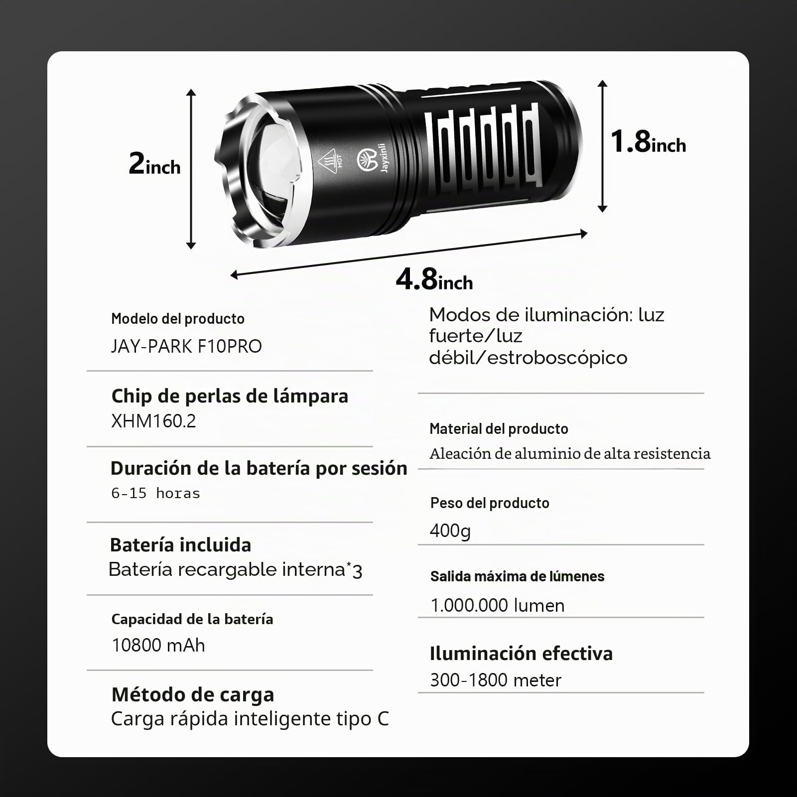 JAY-PARK Linternas LED Alta Potencia 1000000 Lúmenes, Batería Recargable Integrada De 10800mAh, Largo Alcance 5 Modos, Zoom, Impermeable IPX7 linterna Táctica Adecuado Para Acampar, Pasear, Familiar | Pantalla LCD de alimentación, 5 modos de iluminación,