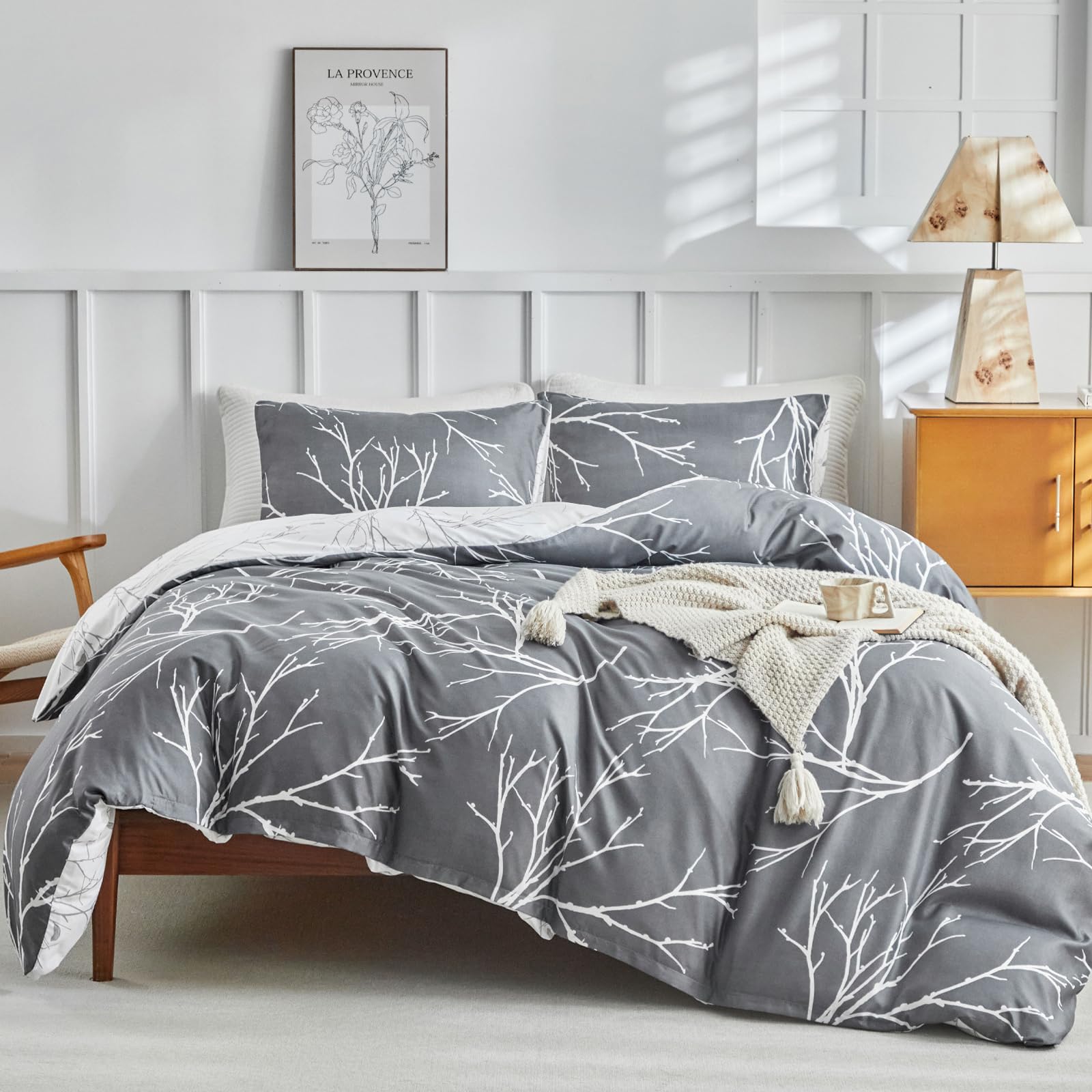 Tokokimo Set Copripiumino Matrimoniale 240x220cm, Copripiumino Matrimoniale 3 Pezzi in Microfibra Con Motivo a Ramoscelli e Foglie, Comprendente 1 Copripiumino 240x220 + 2 Federe 50x80, Grigio/Bianco