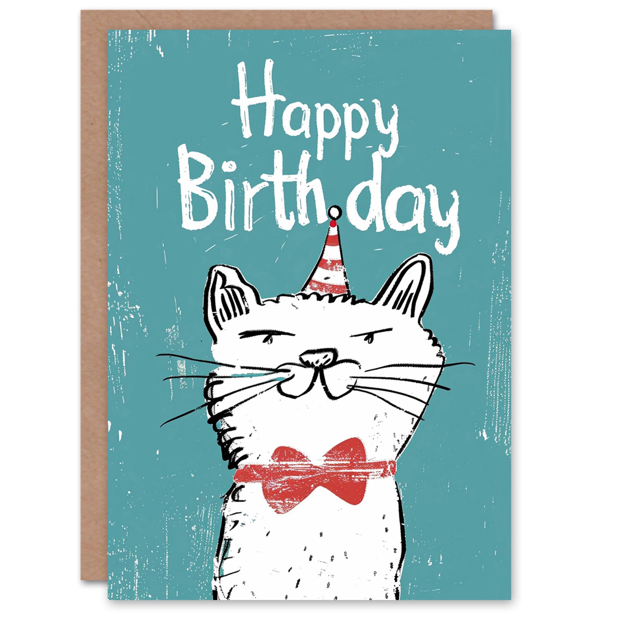 Artery8 Birthday Card Cat Lover Kitty Bow Tie Party Hat Drawing For Child Kids Greeting Card