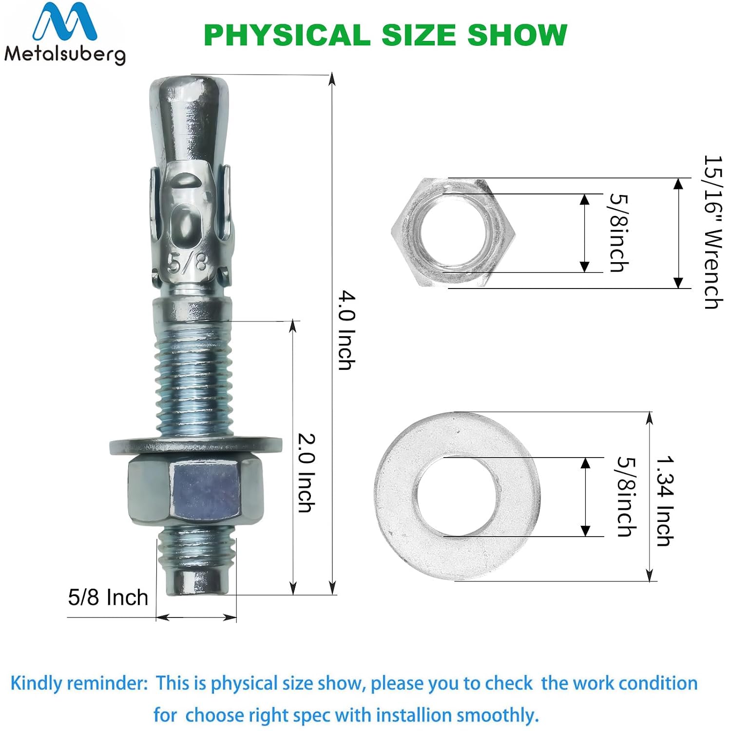 5/8"x4" Wedge Anchors by Zinced of Heavy-Duty Fastener for Cement and Concrete (20pcs Pack)