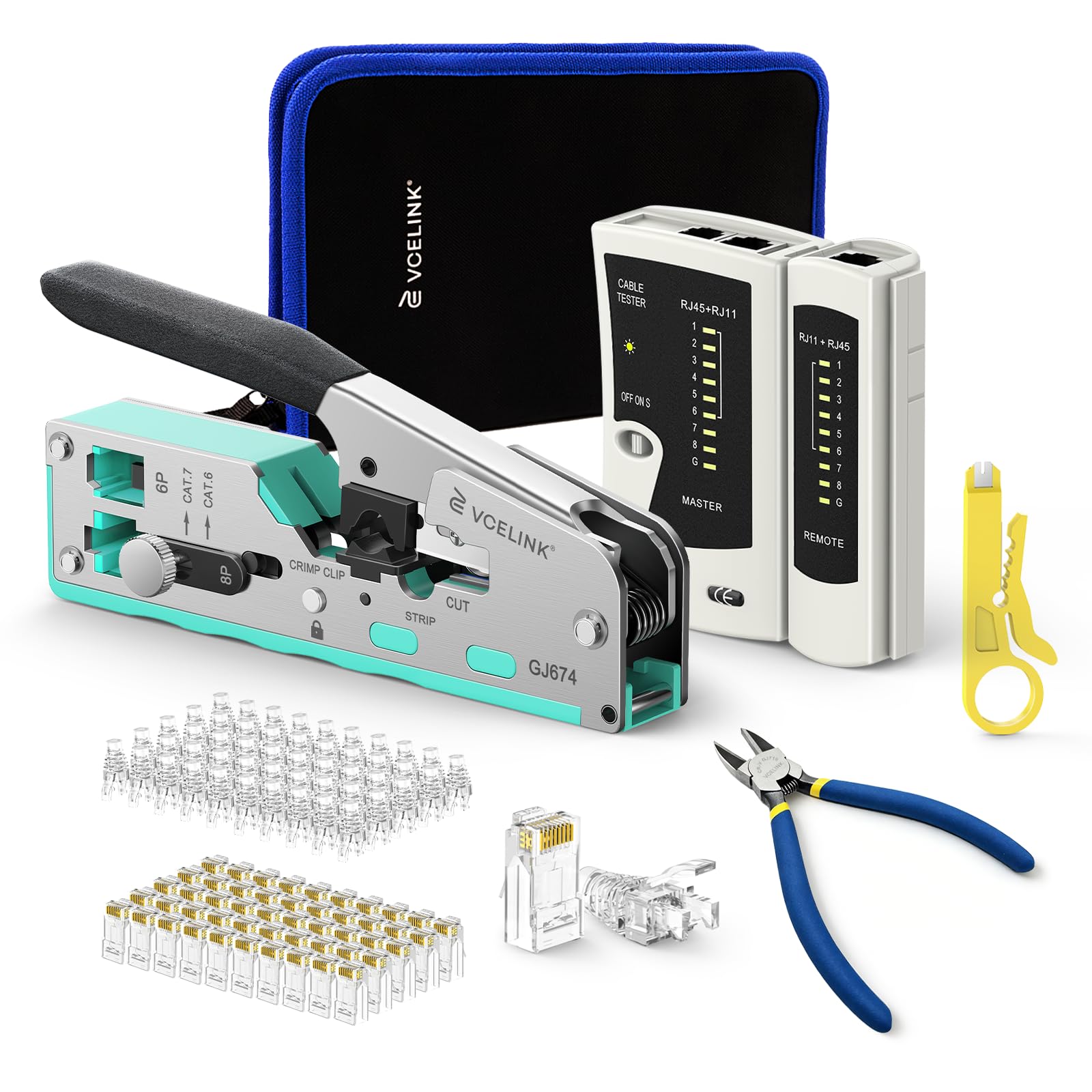 VCELINK RJ45 Crimp Tool Advanced Kit, All-In-One CAT7/6/5 Crimper, Green