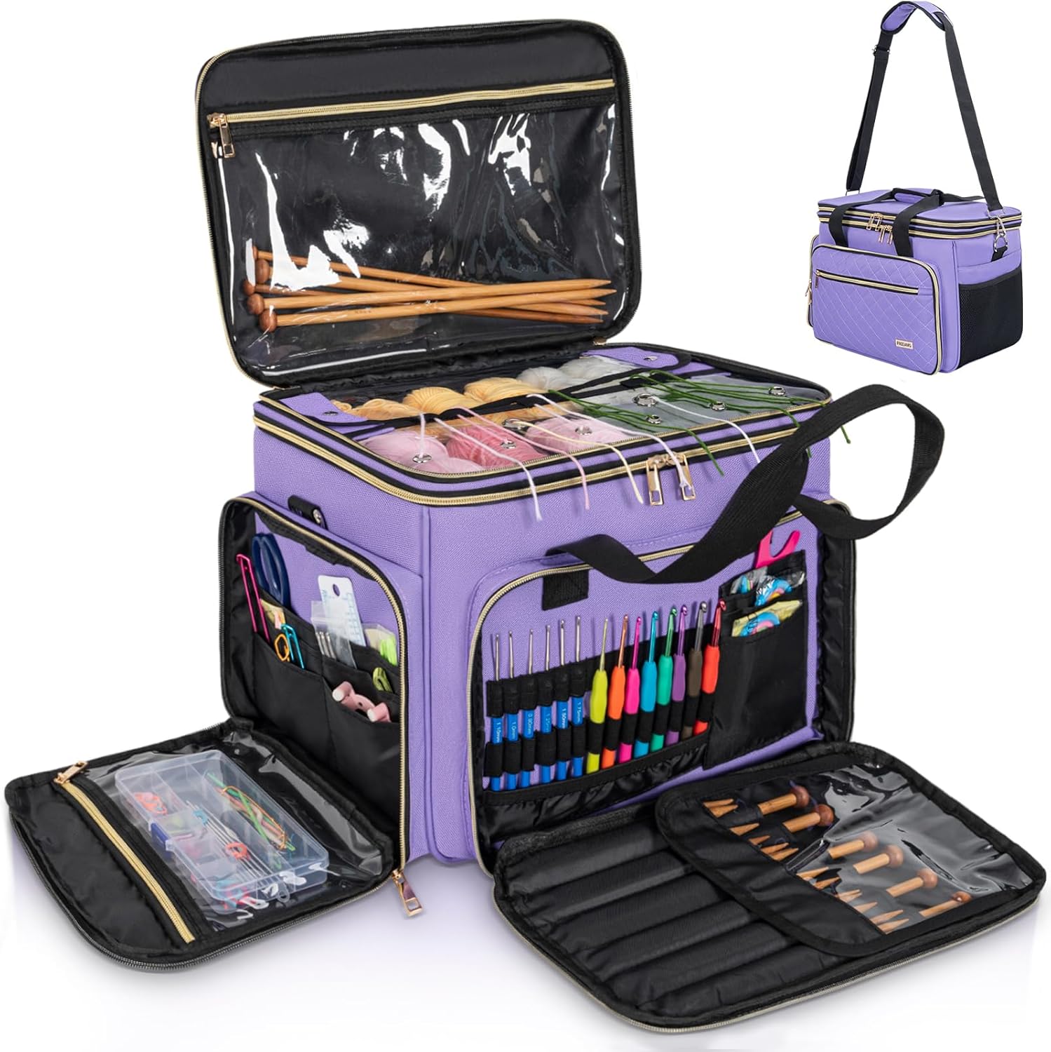 Knitting Bag Yarn Storage Tote, Large Crochet Organizer Bag, Yarn Holder Case for Knitting Needles, Knitting Project Bag with Inner Divider for Knitting Accessories, Crochet Hooks, Black