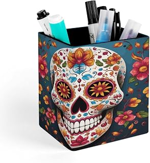 PU Leather Pen Holder Colorful Sugar Skull Desk Organizer Storage Cup | Square Pencil Box for Office Supplies Stationery Accessories, Desktop Organizer for Studio Vanity Bathroom Nightstand Dorm