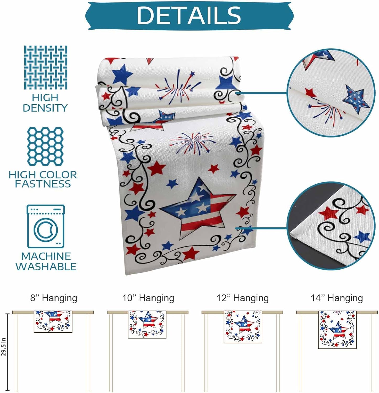 4th of July Table Runner, Patriotic Stars Fireworks Cotton Linen Holiday Table Decor for Home,Kitchen,Dining Room,Indoor,Outdoor,13X108 Inches Extra Long, Red White and Blue Freedom USA Flag