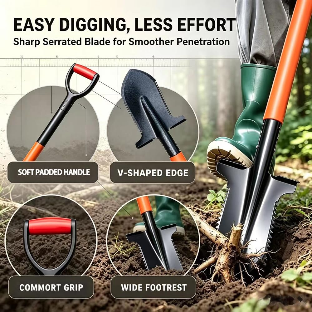 Bêche à racines avec scie à racines 112 cm - Bêche de jardin en acier 1050Mn - Pour sols durs - Bêche de drainage avec larges bords et poignée souple - Durable - Pour plantation de racines et drainage