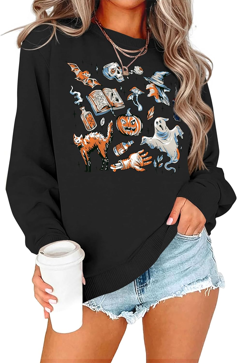 OUNAR Witch Shirts For Women Spooky Season Sweatshirt Oversized Halloween Crewneck Long Sleeve Vintage Fall Pullover Tops