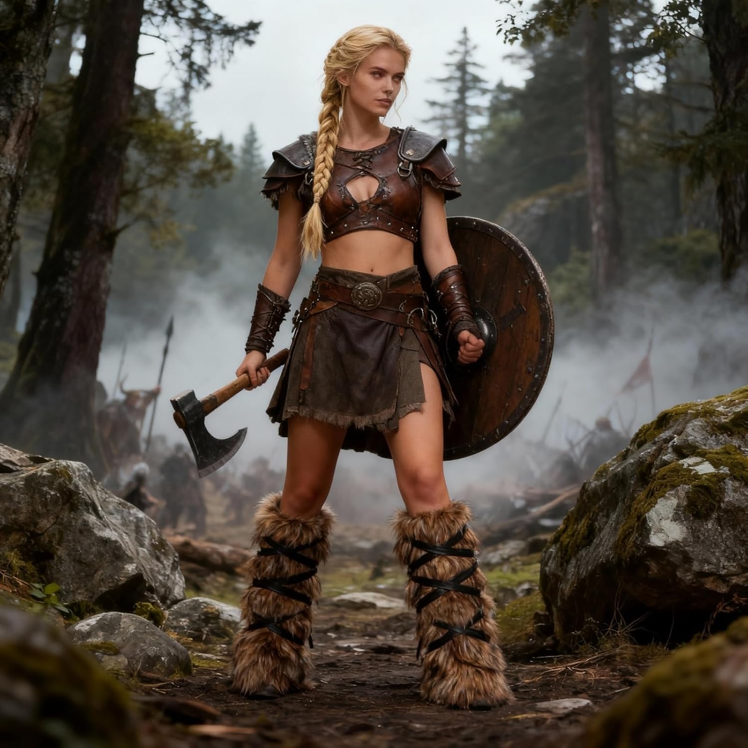 GREUS Women's Viking Faux Fur Leg Warmers Warrior Costume Arm Cuffs Fluffy Boot Covers Wrap for Halloween Cosplay Accessory - Image 3