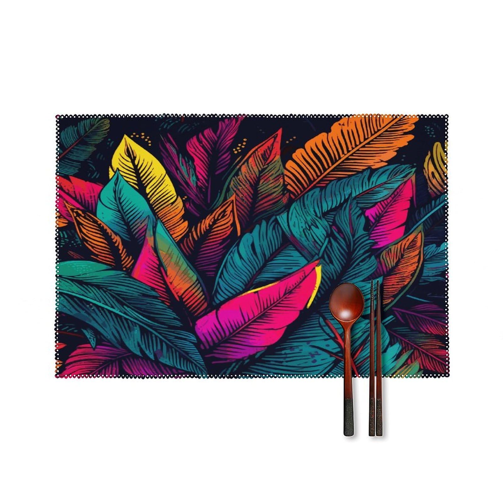 Colorful Tropical Leaves Pattern Placemats Set of 4 Heat Resistant Non-Slip Place Mats for Dining Table Washable Placemat Wipeable Dining Table Mat Canvas Place Mats Dining Table Decor