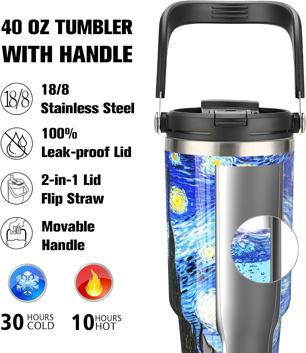 40 oz Tumbler with Handle 2in1 Lid Flip Straw, 100% Leak Resistant Water Bottle Double Wall Vacuum Stainless Steel Insulated Tumblers Travel Iced Tea or Coffee Mug Ideal Gift (Starry Night) - Image 2