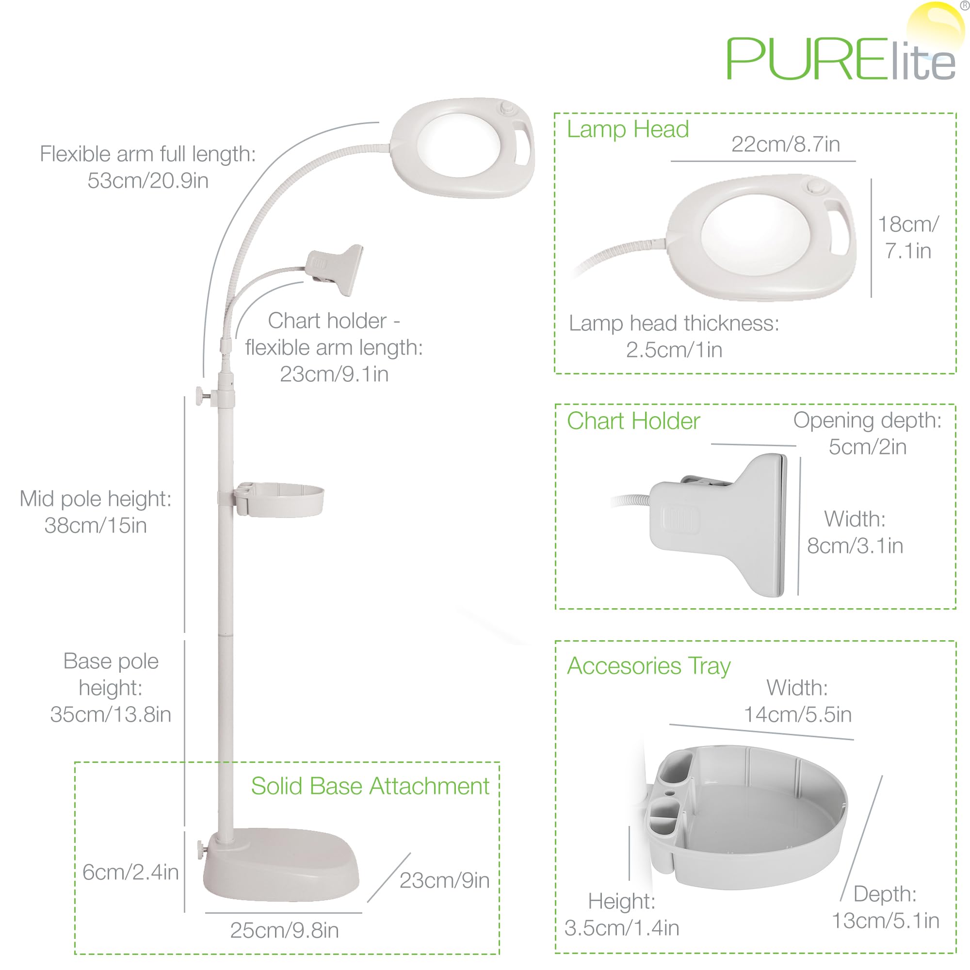 Purelite - Lámpara con lupa 4 en 1 (con estante, atril y ledes de intensidad regulable) Con enchufe alemán.
