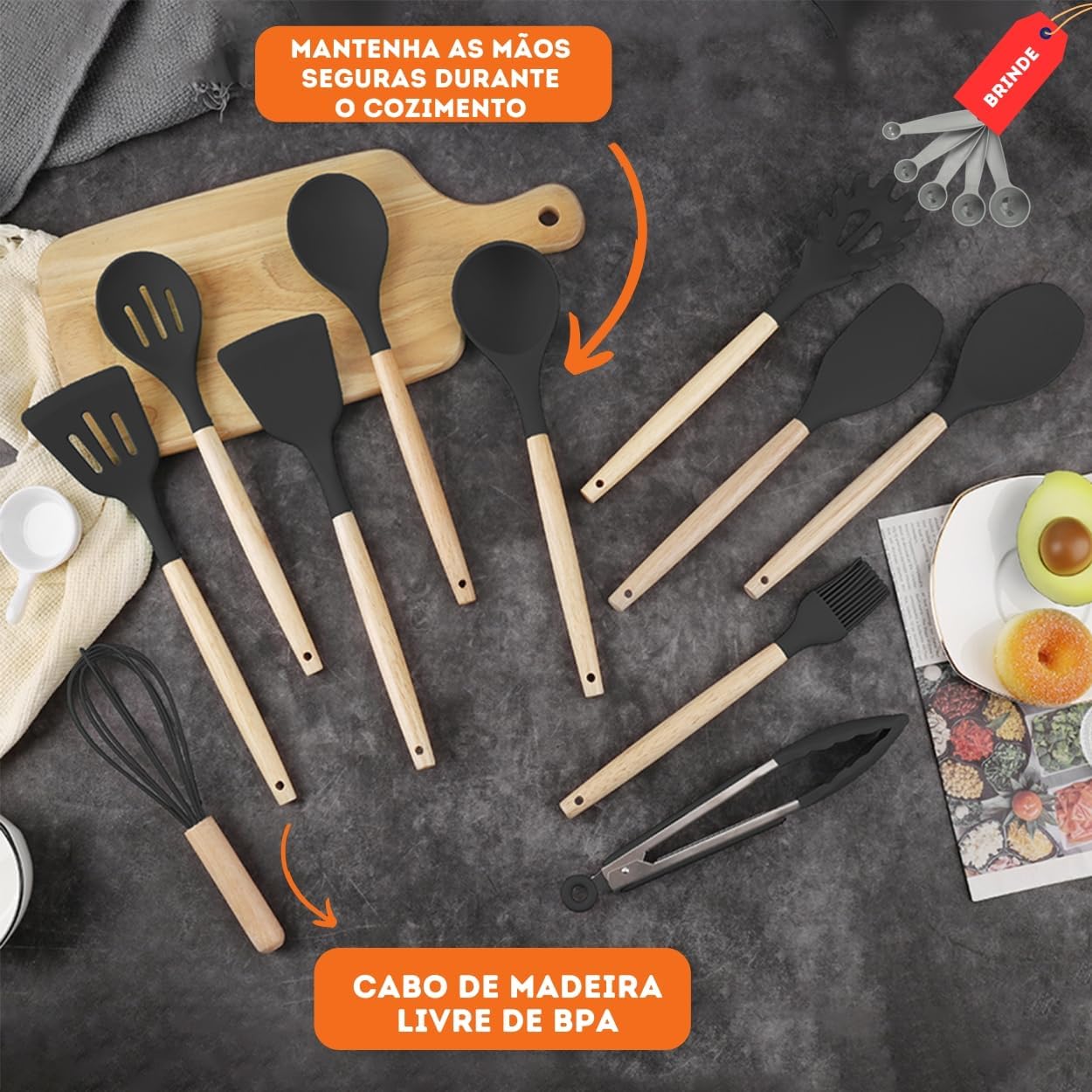 Kit 19 Utensílios De Cozinha Com Cabo De Madeira E Silicone (Preto)