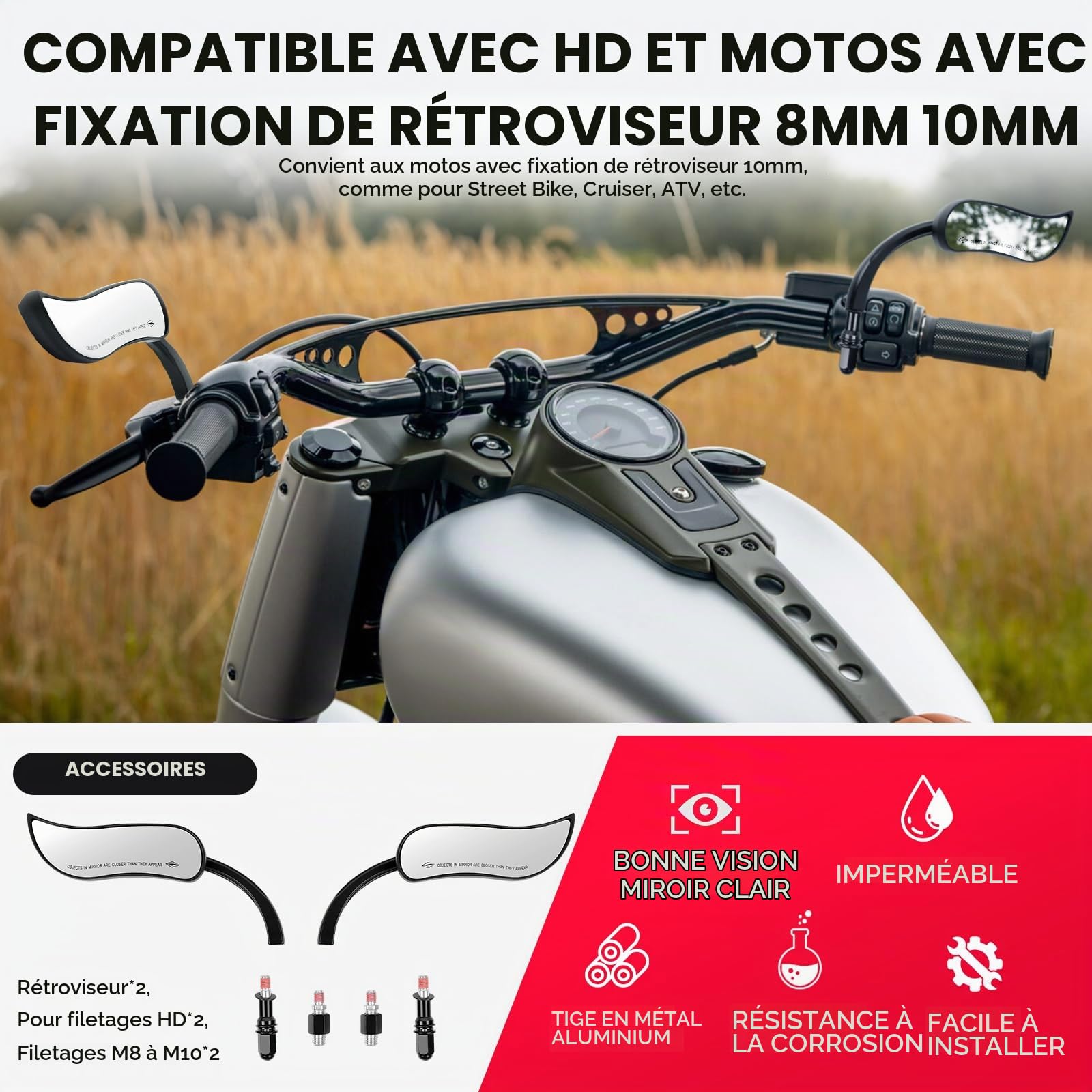 DREAMIZER Rétroviseurs Moto Universels Filetage 10mm 8mm, Rétroviseur Mini en Forme de Feuille pour Moto Compatible avec Harley Touring Softail Sportster Street Glide