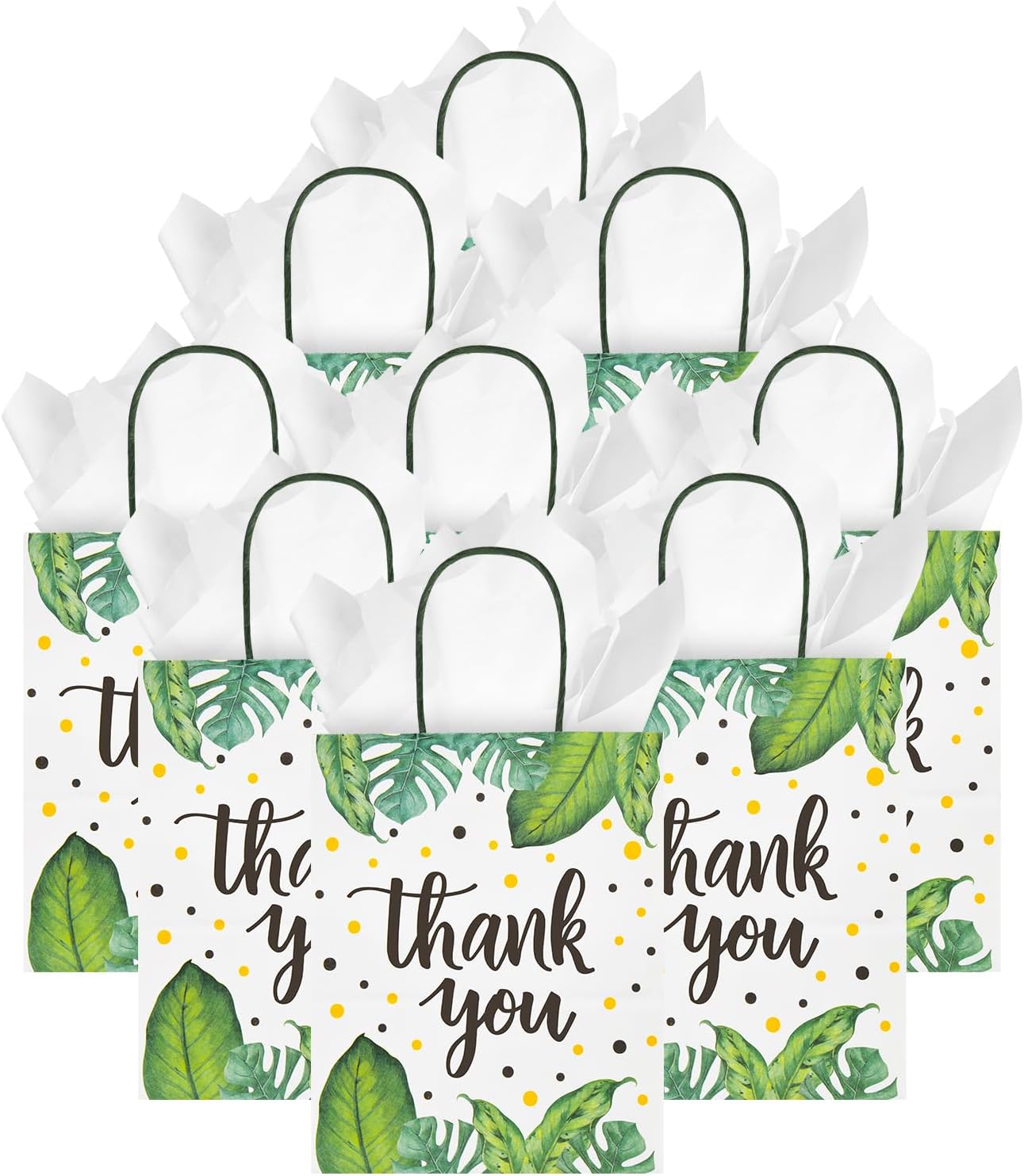 DjinnGlory 50 Pack Medium-Size Tropical Leaf Gift Bags with Handles and 50 White Tissue Paper for Hawaiian Luau Themed Party Favors, Small Business, 10x8x4 Inch (Boho Thank You)