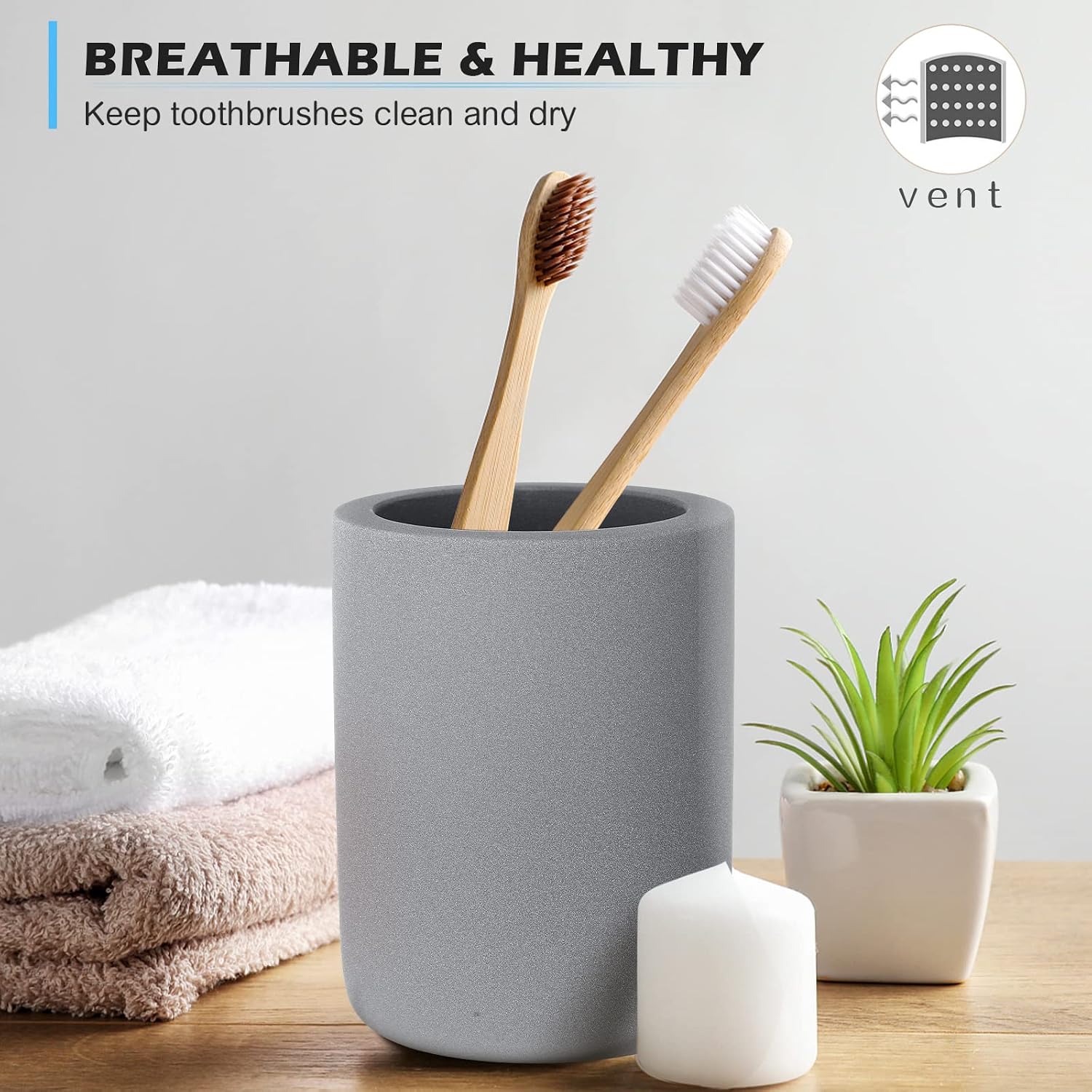 Diatomite Toothbrush Holder, BOJDOPIE Water Absorption Quick Drying Bathroom Countertop Organizer, Stand Cup for Toothpaste Makeup Brushes Razors (Grey)