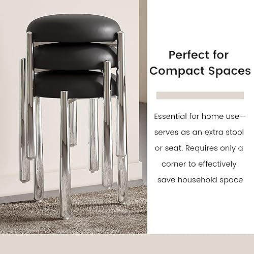 Miniatura 6 de Set of 4 Modern Black Stackable Chairs, PU Leather Padded Seat with Sturdy Metal Legs, Space-Saving Comfortable Reception Stools for Office,