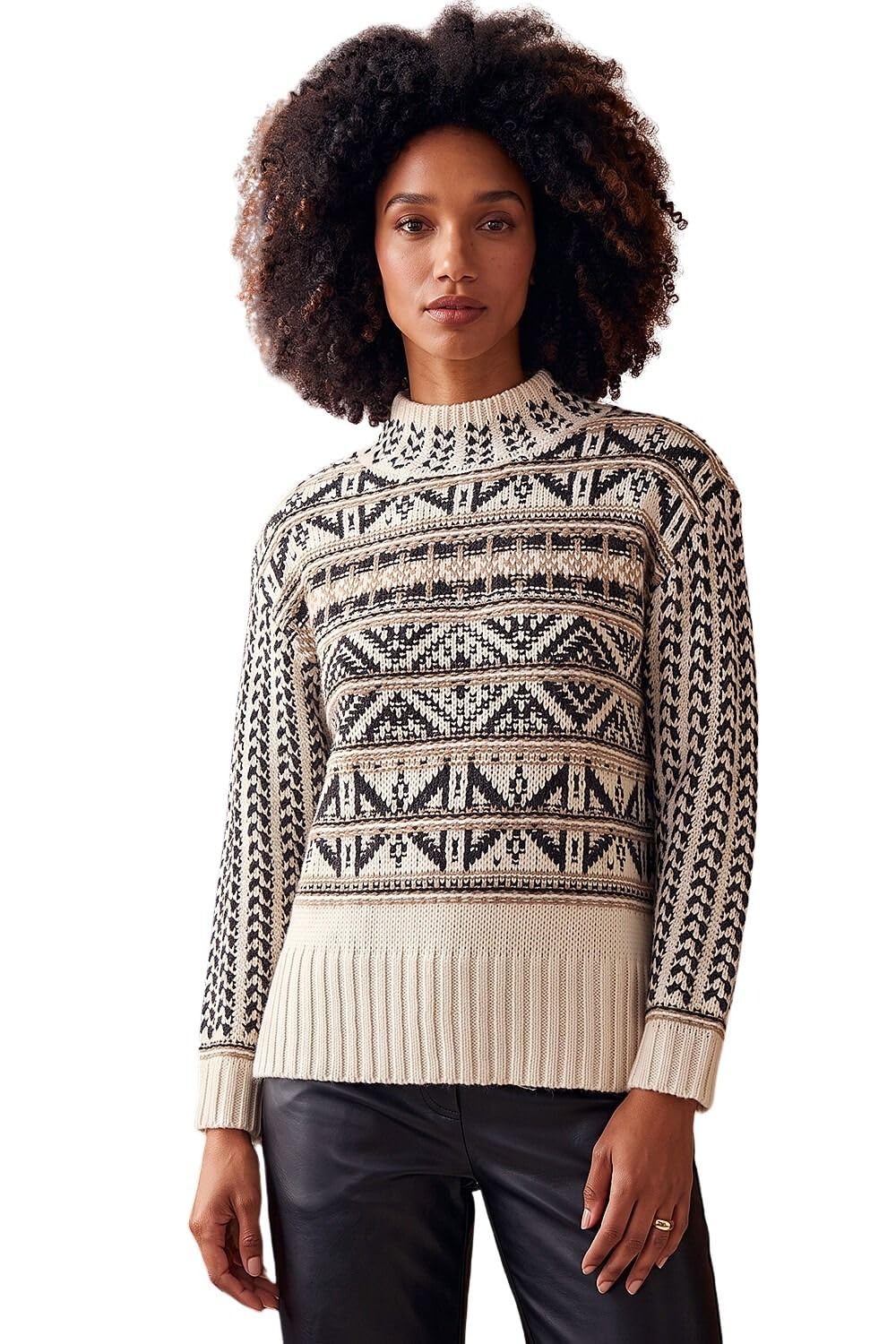 Roman Originals Jacquard Stitch Knit Jumper for Women UK - Ladies Everyday Autumn Winter High Neckline Comfy Soft Evening Vacation Work Party Night Out