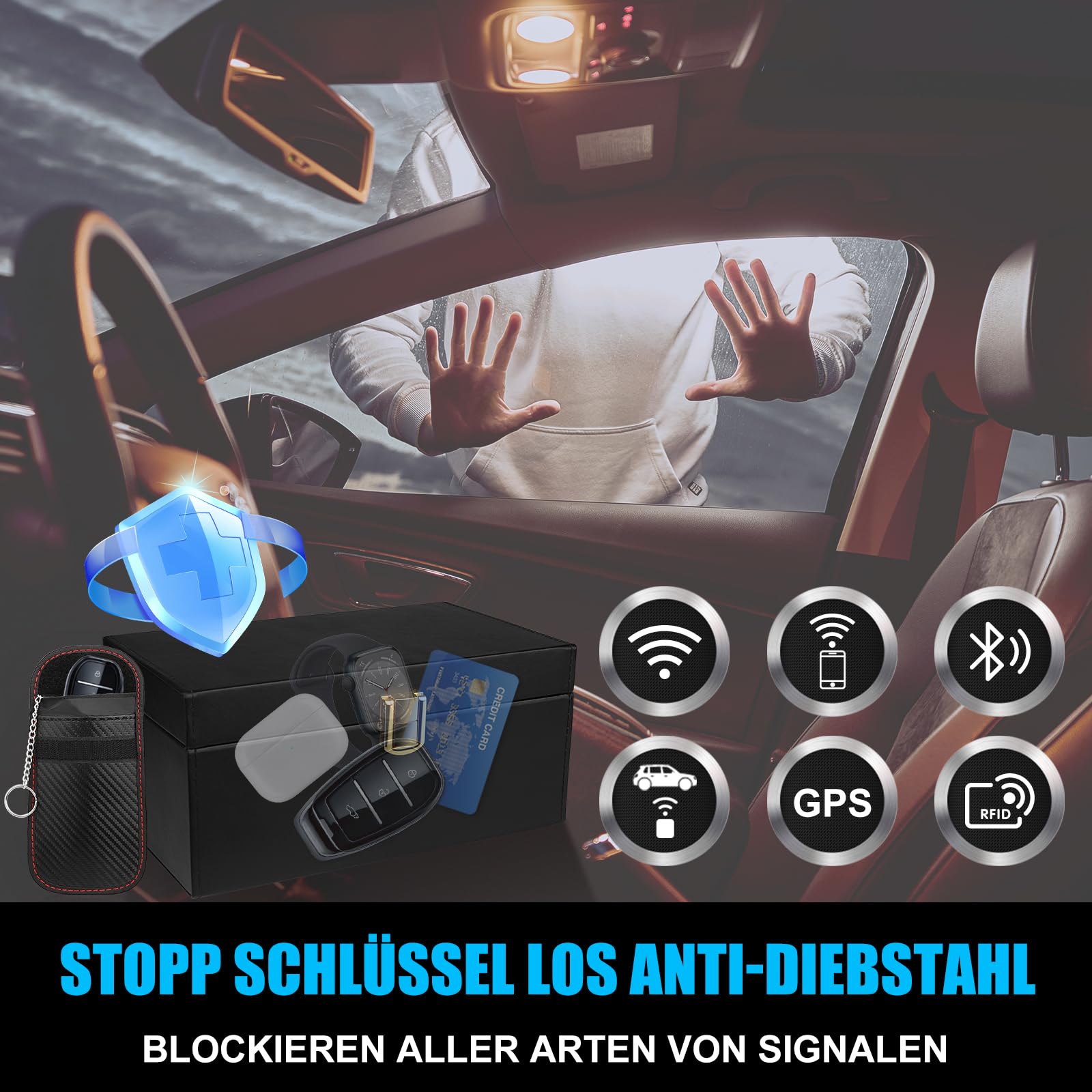 Skrzynka na Kluczyki Samochodowe Faraday Box (XL) z 2 Grubszymi Woreczkami, Ochroną Keyless Go, Skrzynka Ekranująca Sygnał RFID dla Kluczyków Samochodowych, Kart Kredytowych, 22 x 13 x 10,3 cm