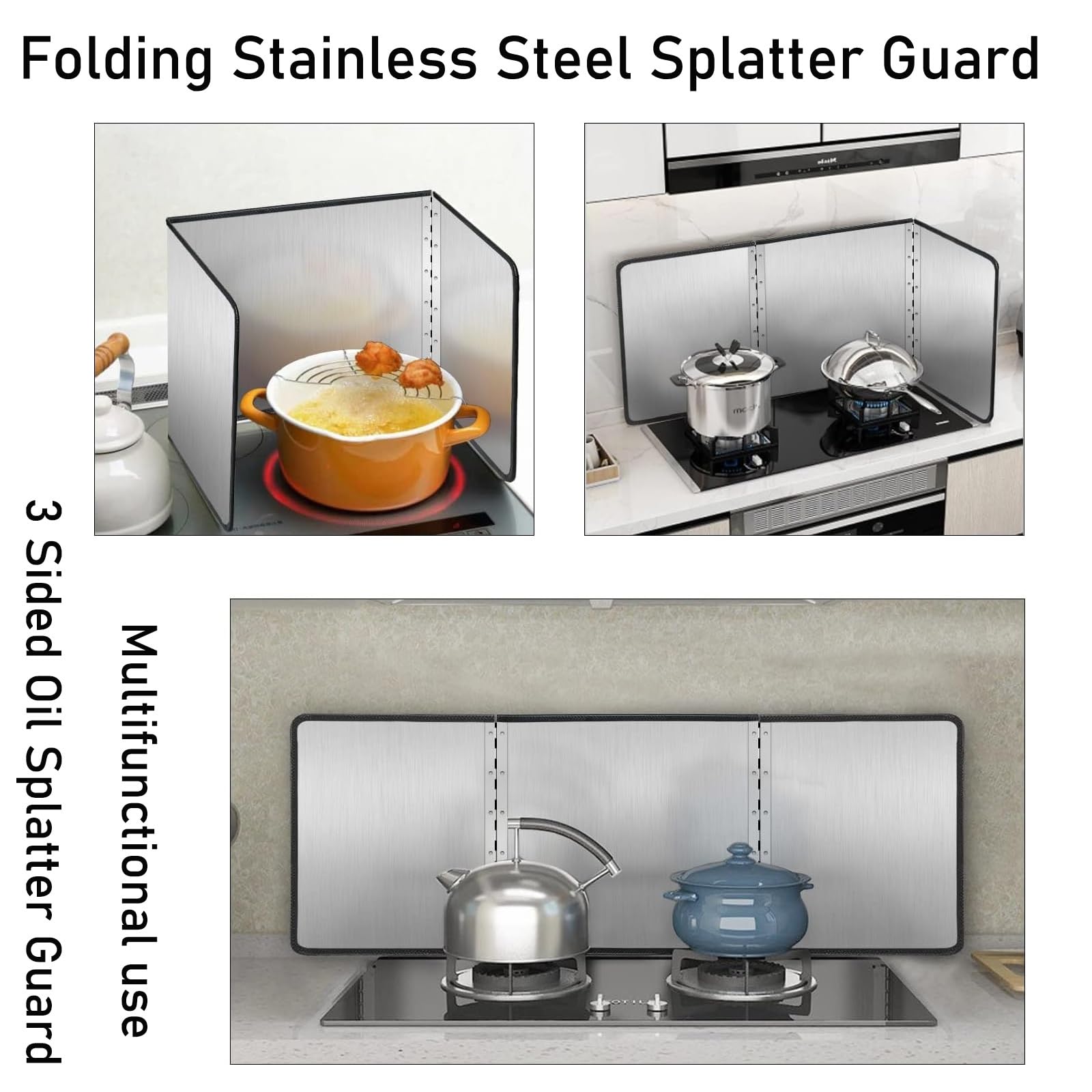 Cubre Salpicaduras De Sartén, 3 Lados Protector Contra Salpicaduras, Protección Contra Salpicaduras Plegable,Placa Antisalpicaduras De Acero Inoxidable Protector Salpicaduras Cocina(60x80x45cm)