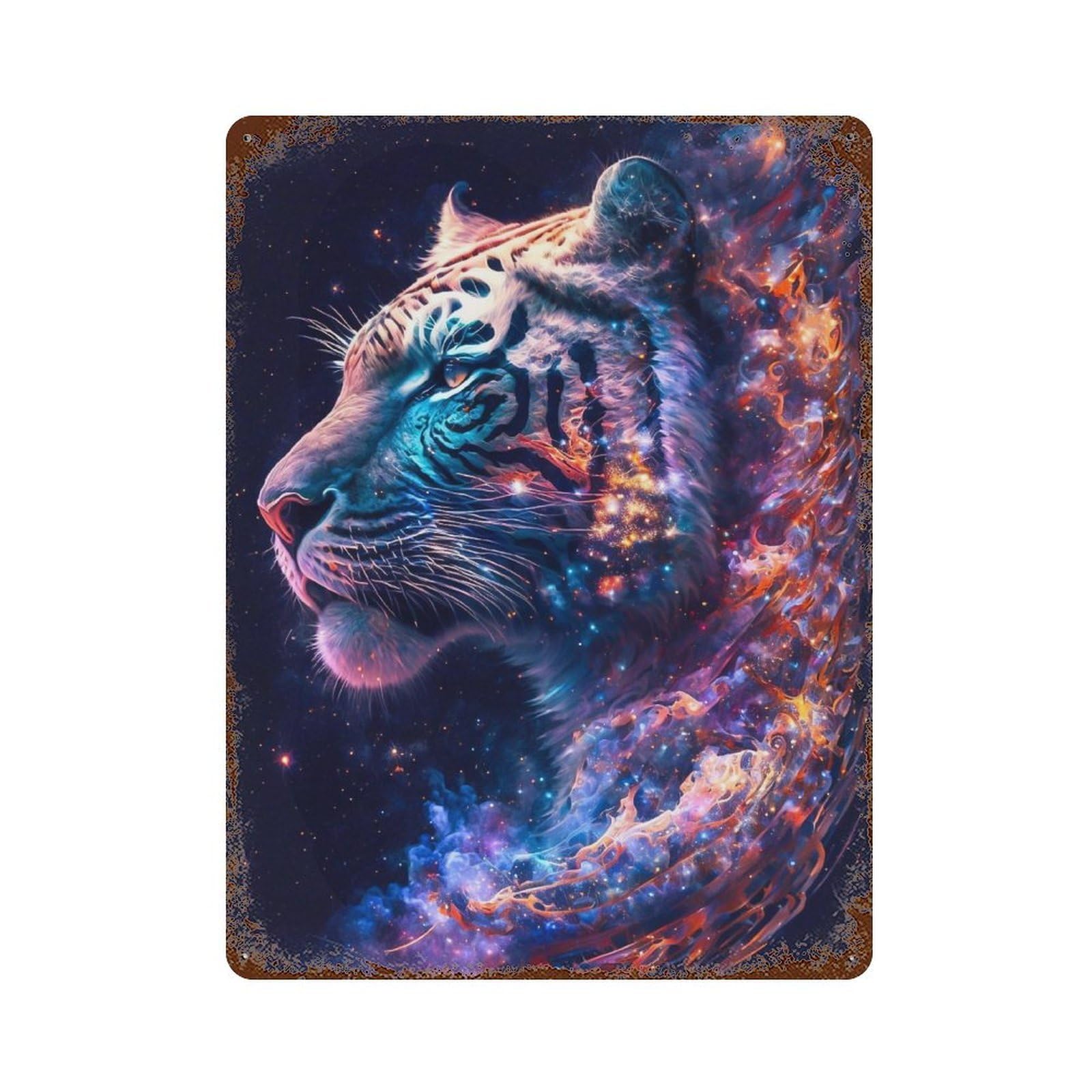 Cosmic Tiger Art Print Vintage Rust Metal Sign 15.7"x11.8", Shabby Chic Decor for Living Room, Hallway And Home Decor