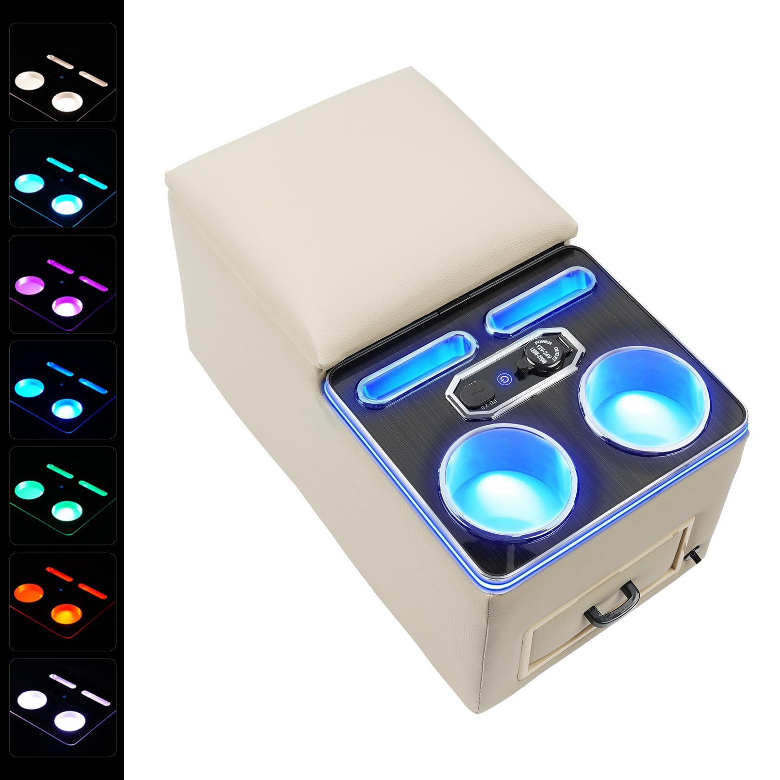 Universal Center Console, Bench Rear Seat Armrest Organizer with Fast Phone Charging & Upgraded 7-Color Adjustable LED Lighting, Truck Center Console Storage Box with Cup & Phone Holders(Beige)