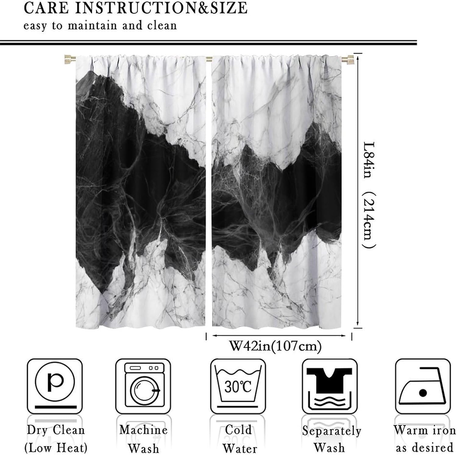 Black White Marble Curtains,Modern Abstract Print Window Treatments for Bedroom Living Room Kitchen Studio Rod Pocket Drapes 2 Panels Set,Total Size 84 x 84 Inch