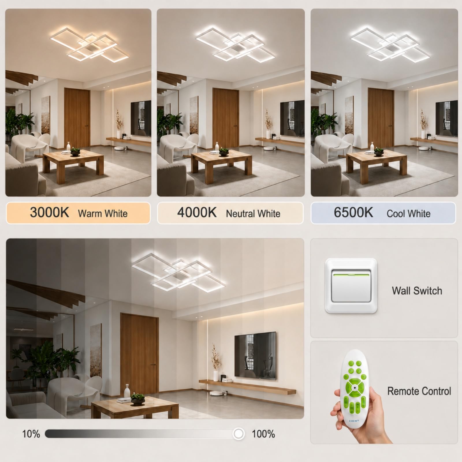 Plafonnier LED 54W, dimmable avec télécommande pour le salon