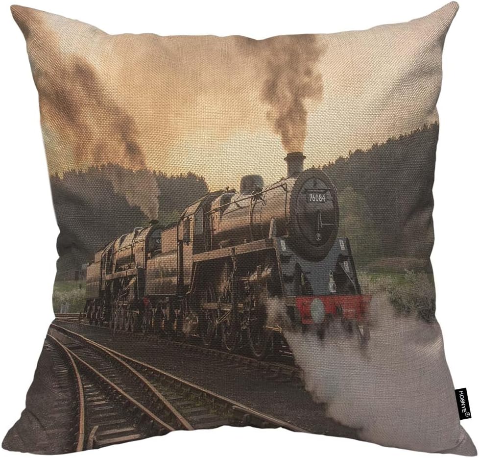 HOSNYE Retro Train Throw Pillow Cushion CoversSteam Locos Steel Track Smoke Transport Sunrise Dusk Field Country Decorative Square Accent Pillow Case 18 x18 inch