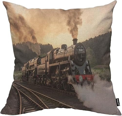 HOSNYE Fundas de cojín retro con diseño de tren de Steam, Locos de acero, transporte de humo, amanecer, atardecer, campo, campo, decorativo,