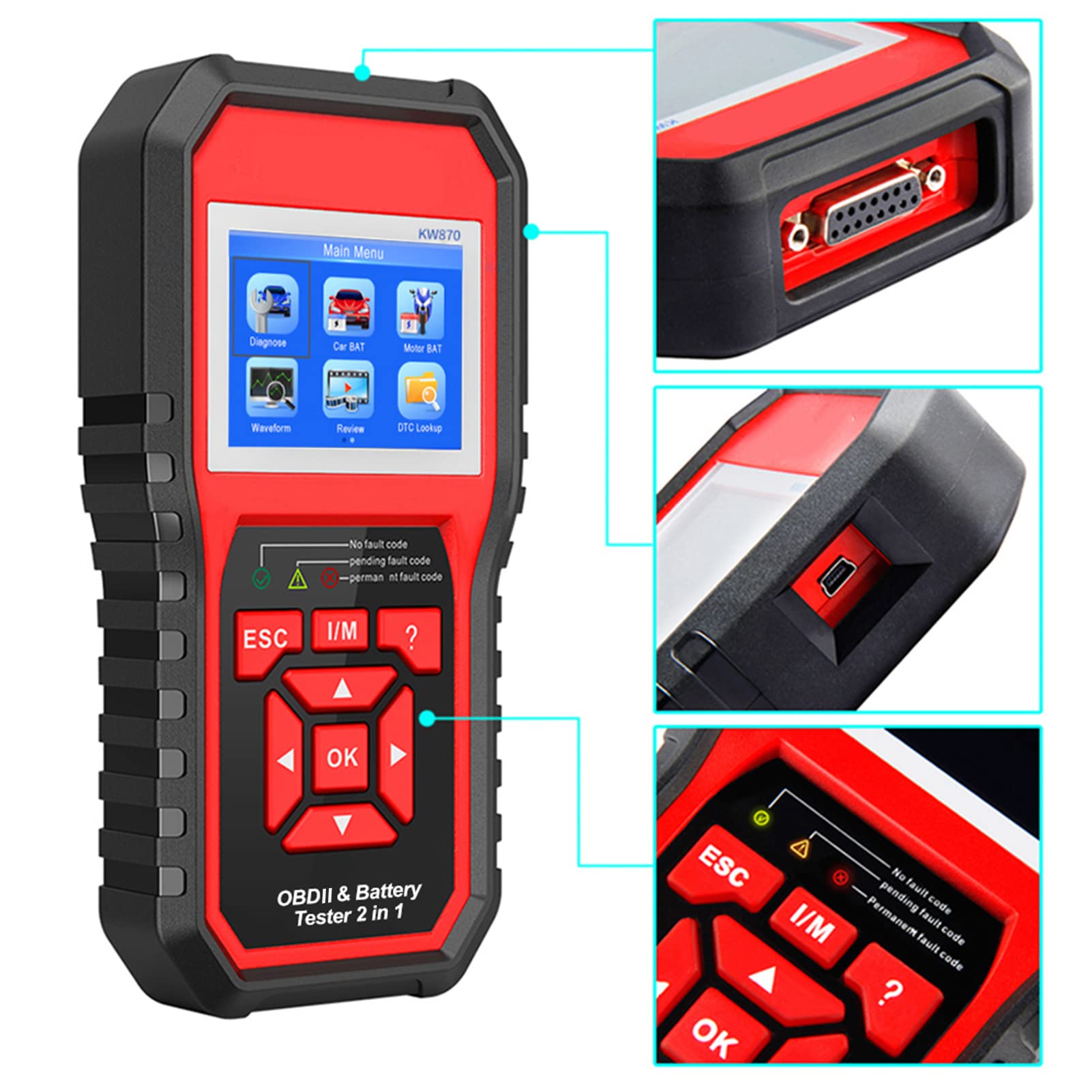 KW870 Scanner di Codici Diagnostico Automatico Professionale con Tester Batteria, per Proprietari di Veicoli, Strumenti Scansione Diagnostica Automatica 2 in 1 per Officina Riparazioni Auto