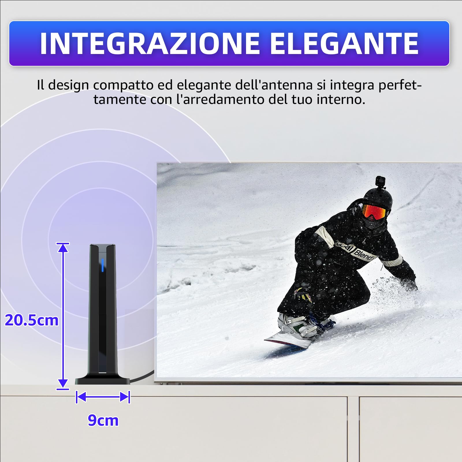 Antenna TV Interna con Base Adesiva – Ricezione 360° DVB-T2/TDT – Supporto Full HD e 4K UHD – Segnale Stabile per Canali Gratuiti – Cavo 3 m