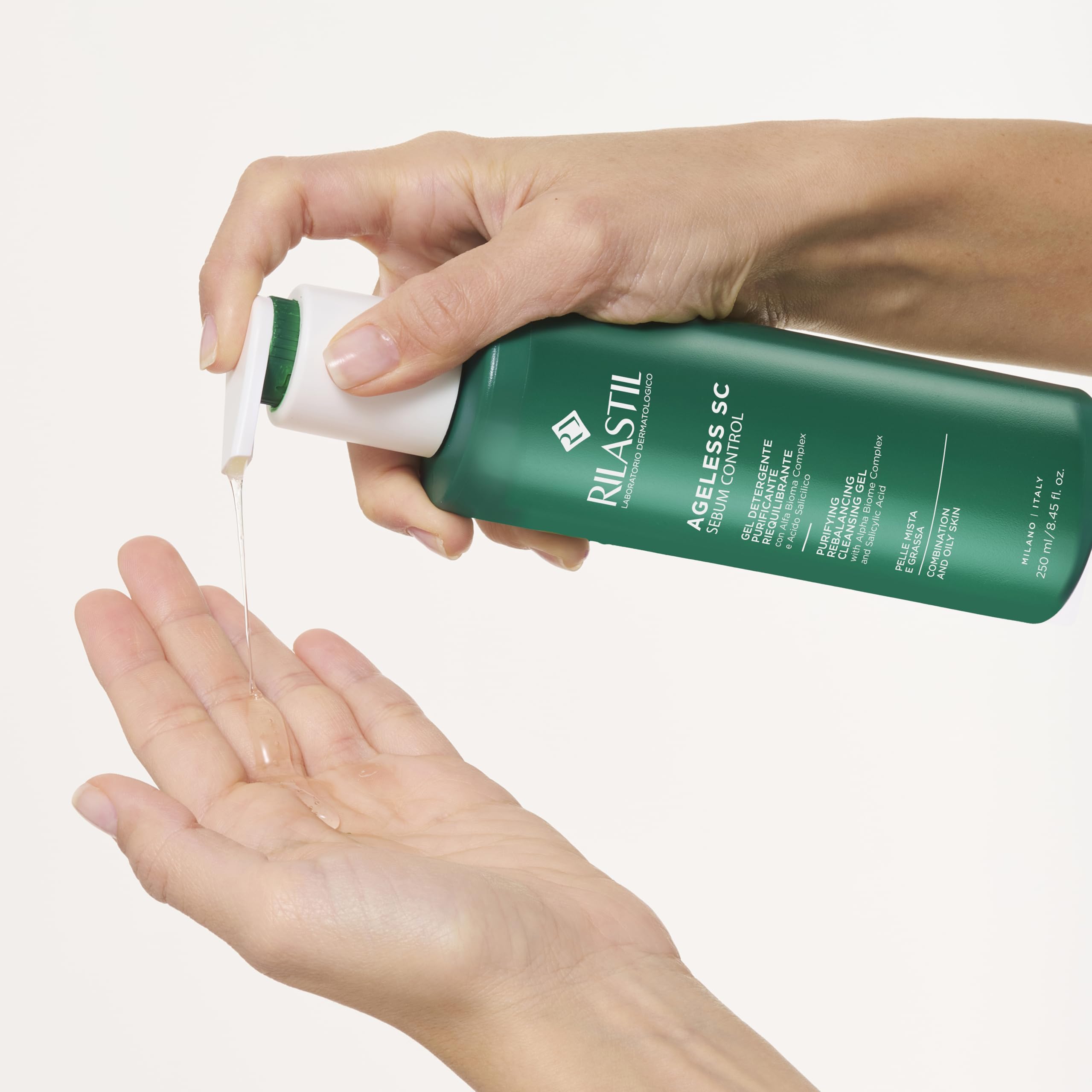 Rilastil Ageless SC Sebum Control, Gel detergente purificante e riequilibrante viso con Alfa Bioma Complex e Acido Salicilico ad azione sebonormalizzante, 250 ml