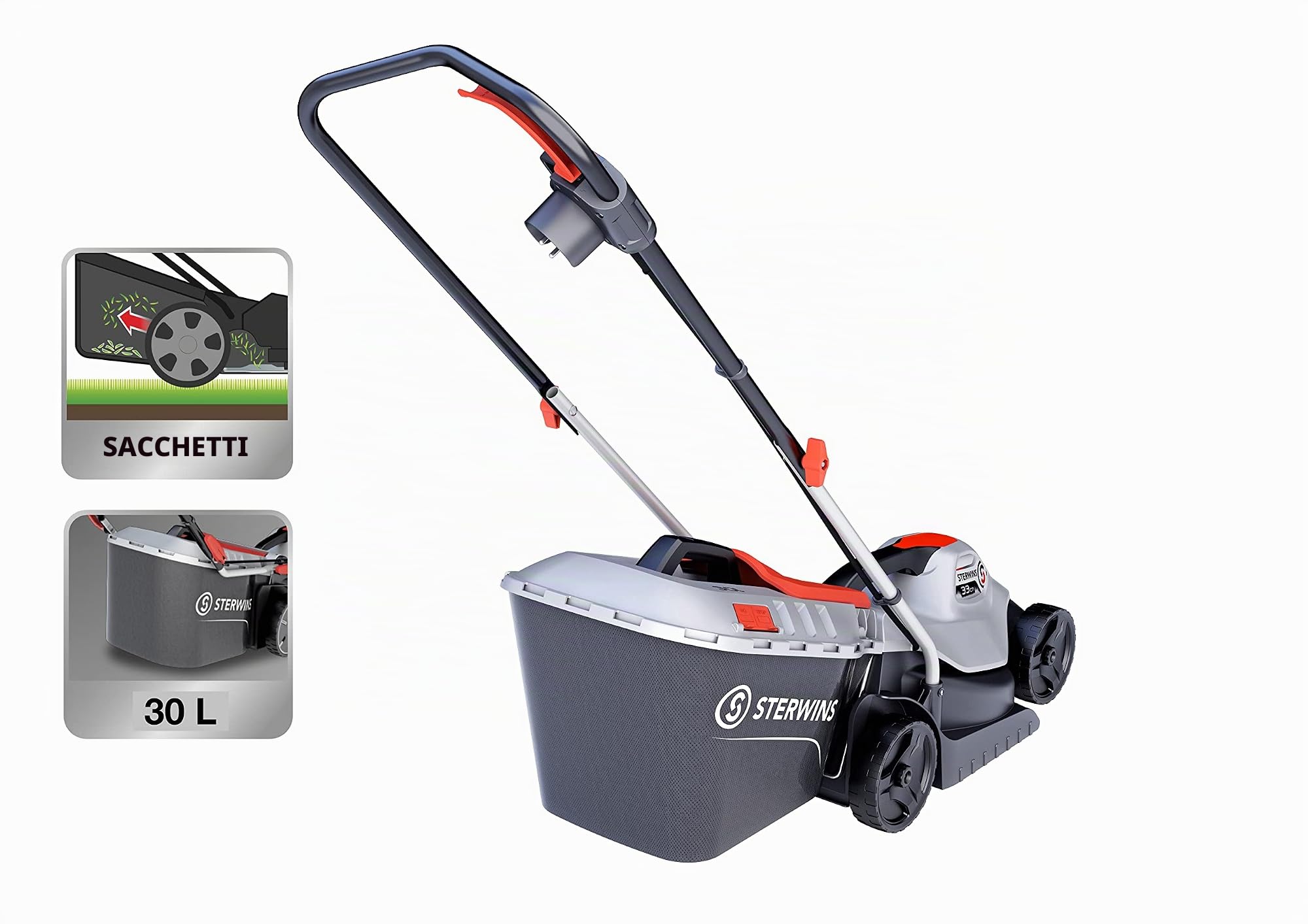STERWINS - Tosaerba elettrico - 400 m² - 1200 W - 220 V - 330 mm di larghezza - cestello 30 l - 4 posizioni