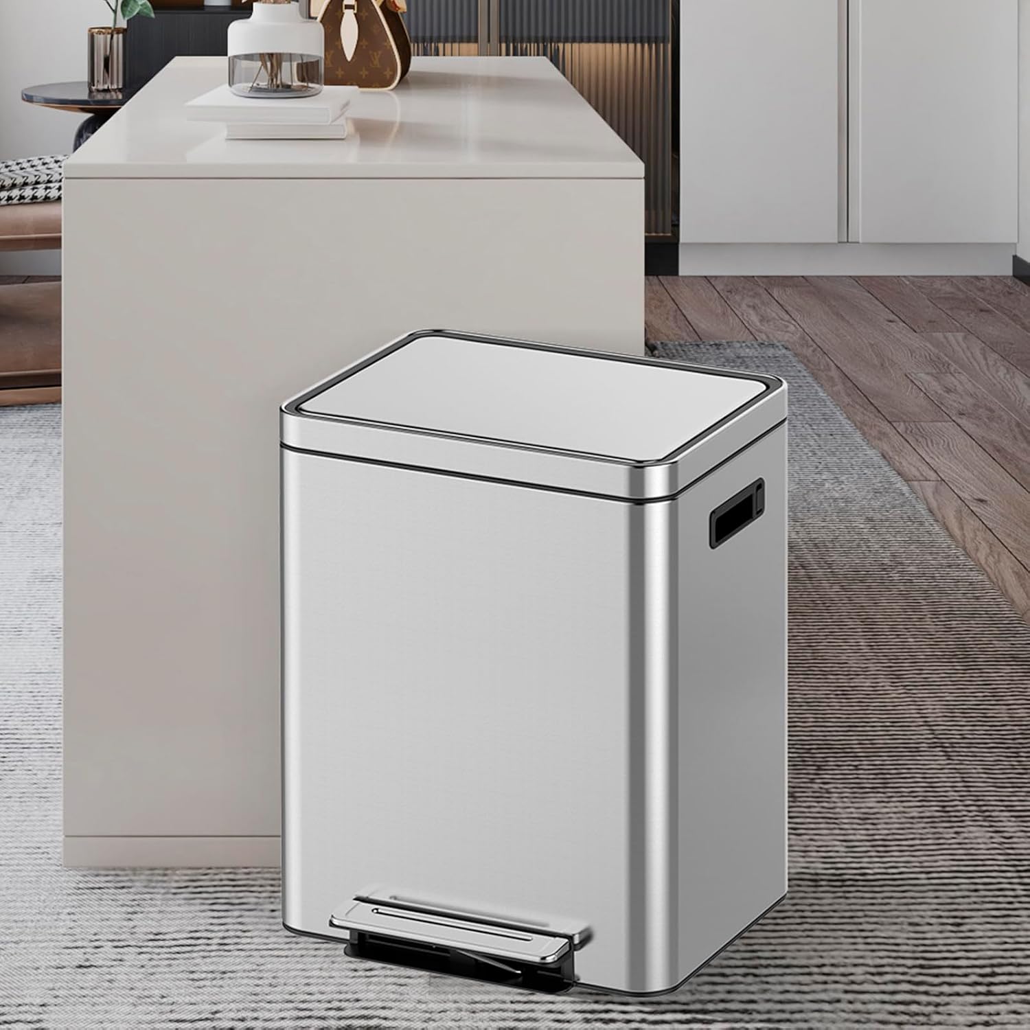 GarveeHome 40 L/10.6 gal Dual Trash Can, Rectangular Waste Basket with Metal Lid & Step Foot Pedal, Double Compartment Classified Garbage Can, Stainless Steel Trash Can with Removable Inner Bucket - Image 7