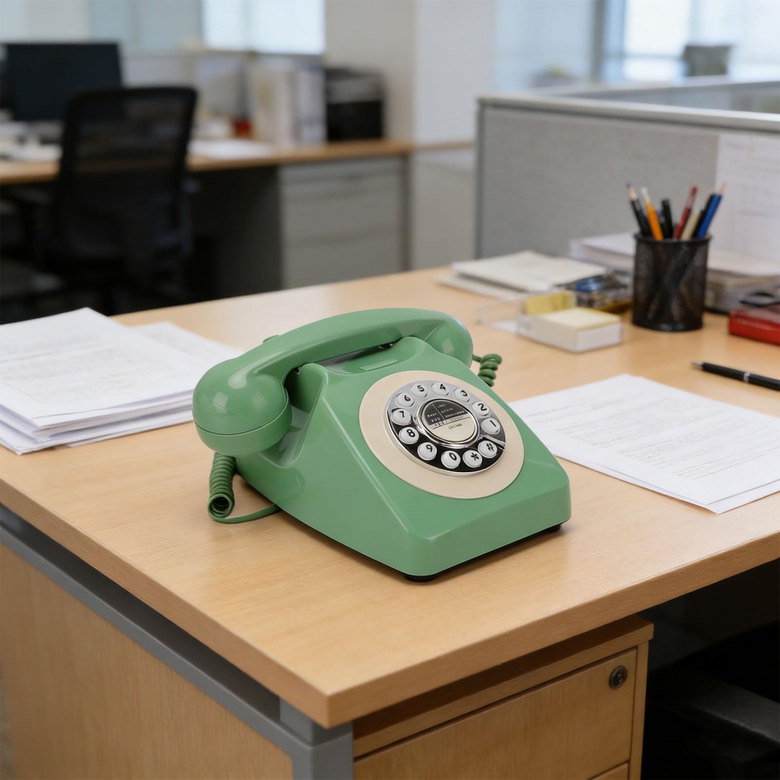 Fockety Telefon Stacjonarny w Stylu Retro, Klasyczny, Staromodny Przewodowy Telefon Stacjonarny z Lat 60. XX w., Zabytkowy Obrotowy z funkcją Ponownego Wybierania Numeru (ciemnozielony)