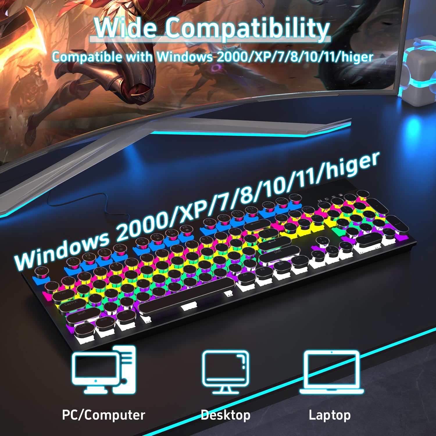 Ensemble de clavier de jeu mécanique punk bleu – Clavier USB filaire avec commutateurs bleus à clic, touches ABS, rétroéclairage RVB de couleurs mélangées avec souris et tapis de souris