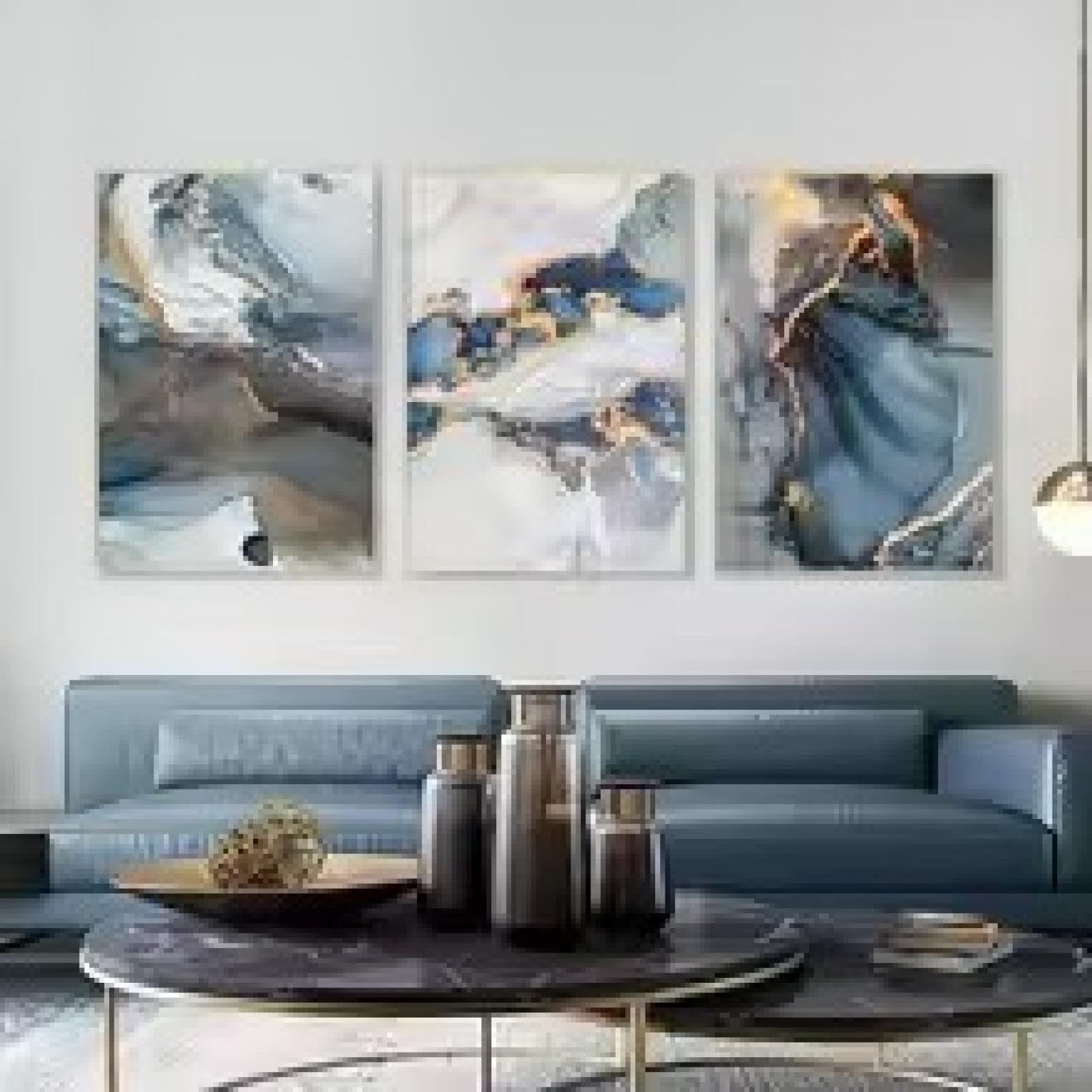 Art peinture marbre bleu triptyque avec cadre de décoration - 6
