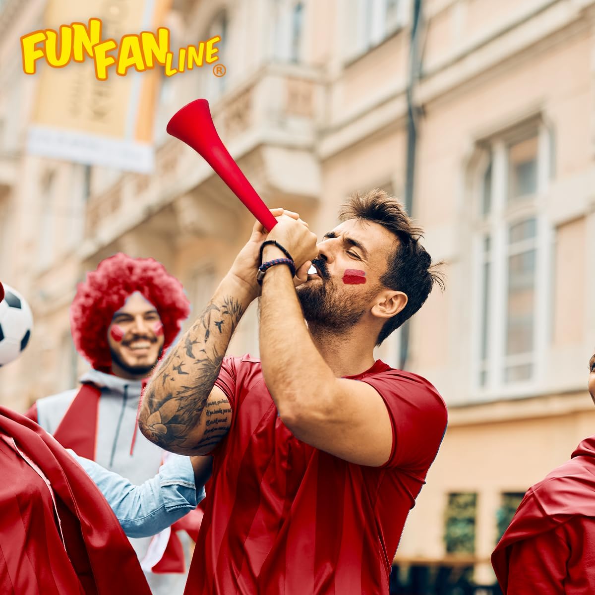 Pack Personalisierbare Vuvuzelas 120 DB | Kombinieren Sie 3 Farben (Trompete, Blasebalg, Ring) für Ihr Team oder Ihre Party | Laute Animationshupe