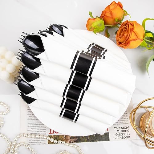 Vista 79 de Supernal Paquete de 60 servilletas preenrolladas con cubiertos de plástico dorado, juego de cubiertos desechables de primera calidad envueltos en Oro