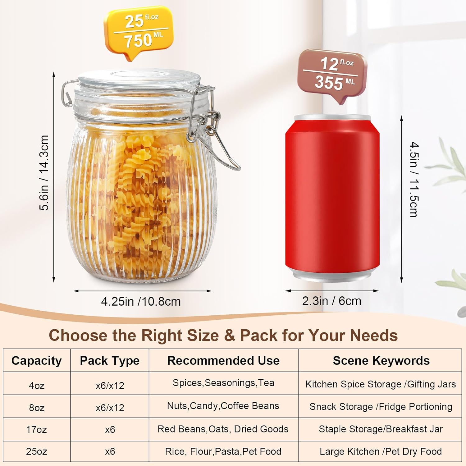 26oz Large Glass Jars with Airtight Lids, Set of 6 – Mason Jars for Spices, Herbs, Jam, Jelly, Honey, Candy, Sugar, Beans, Desserts, Parfaits, Kitchen & Pantry Storage - Image 2