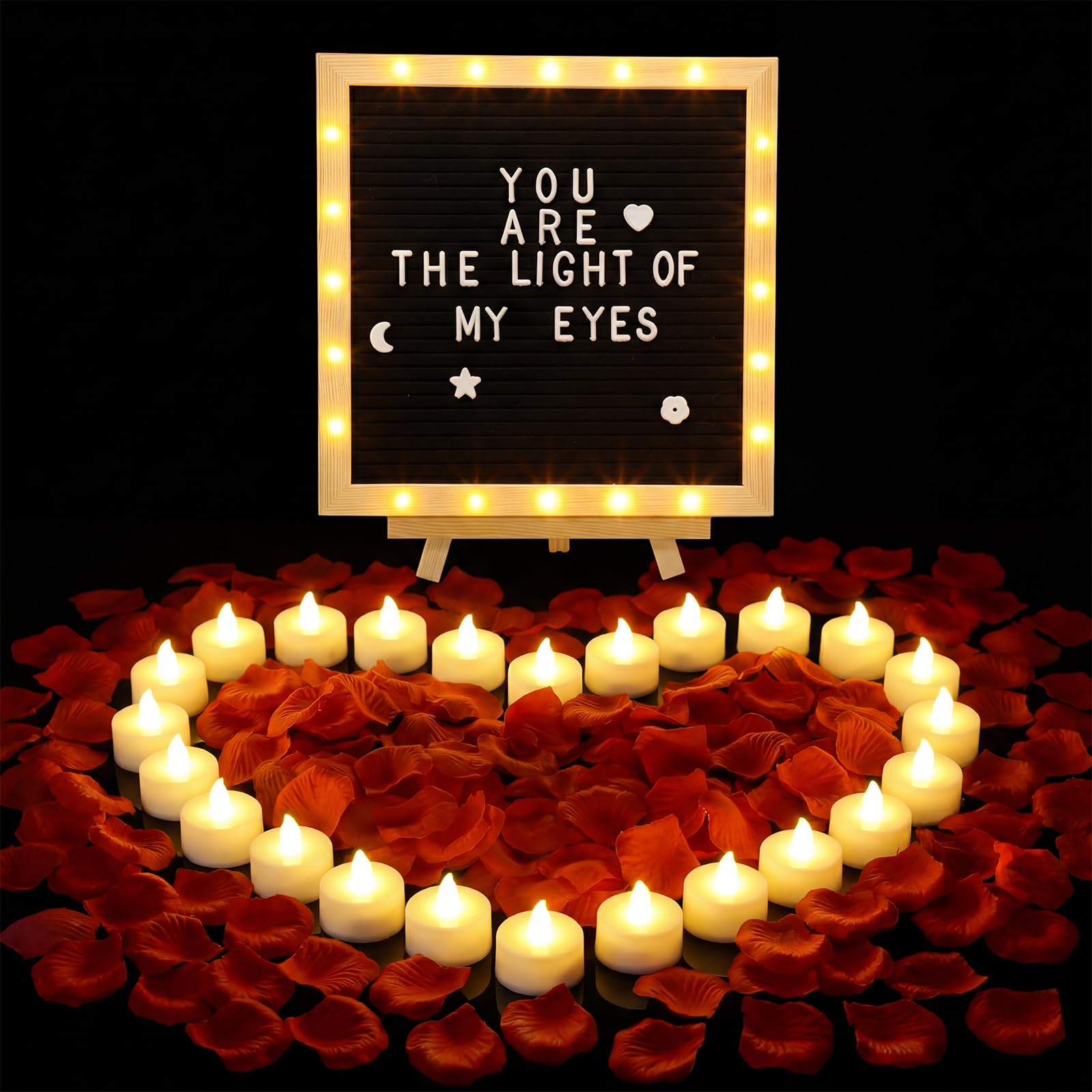 El juego de decoración romántica incluye tablero de letras de fieltro LED, 24 velas de té sin llama y 1000 pétalos de rosa artificiales para propuestas, aniversarios, bodas, anuncios de