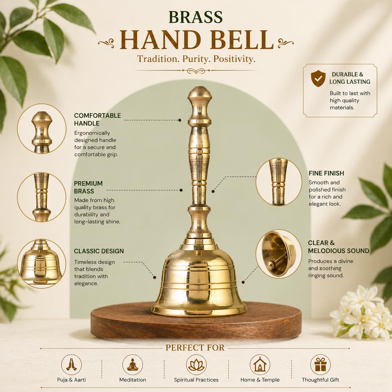 Craftvatika Brass Hand Bell for Pooja Ghanti for Mandir, Home and Office Temple Prayer Bell Ghanti for Decoration (1.6 x 3.8 inches, Golden) 2