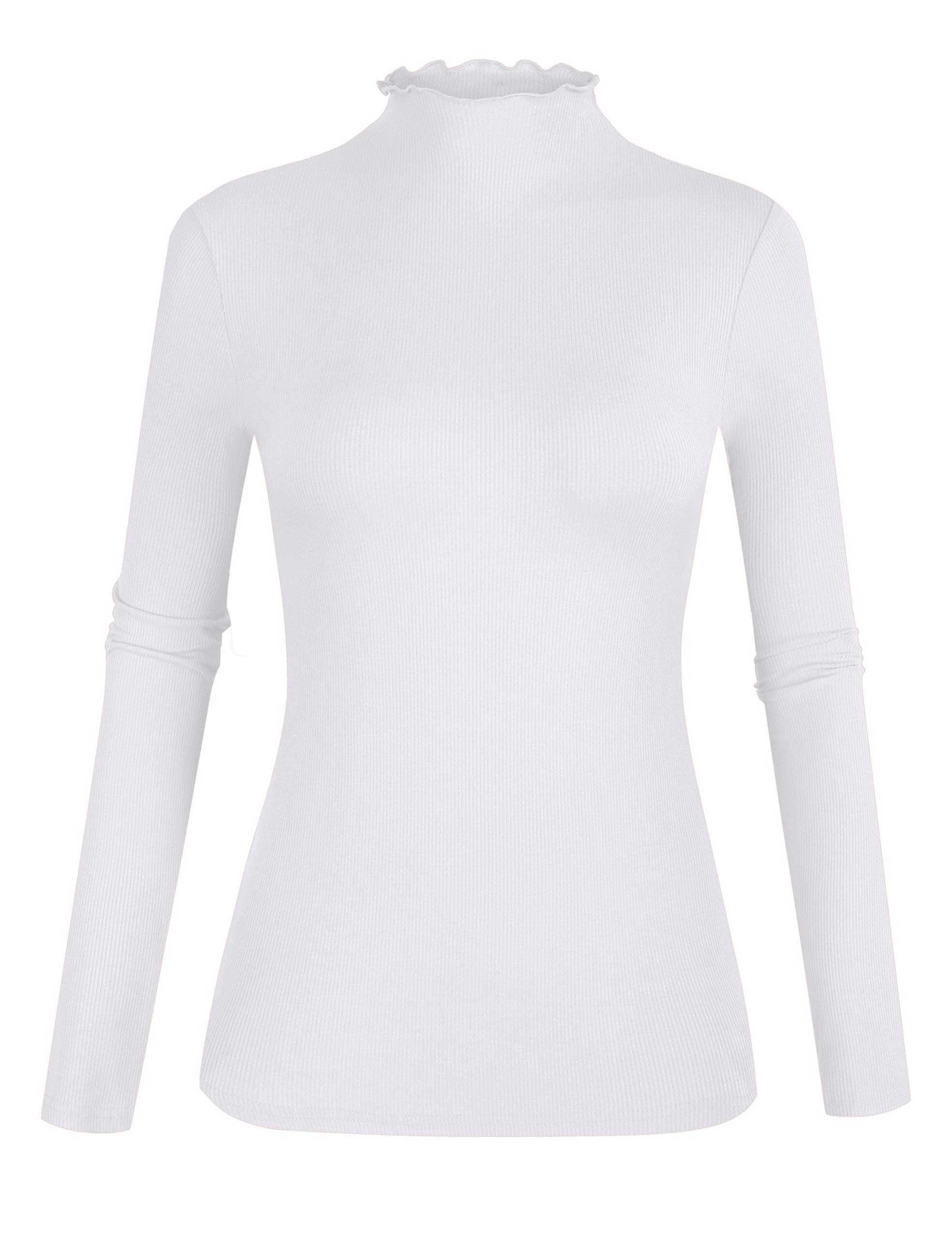 POPZONEWomen's Lettuce Trim Mock Neck Long Sleeve Slim Fit Ribbed Knit Tee Shirt Tops