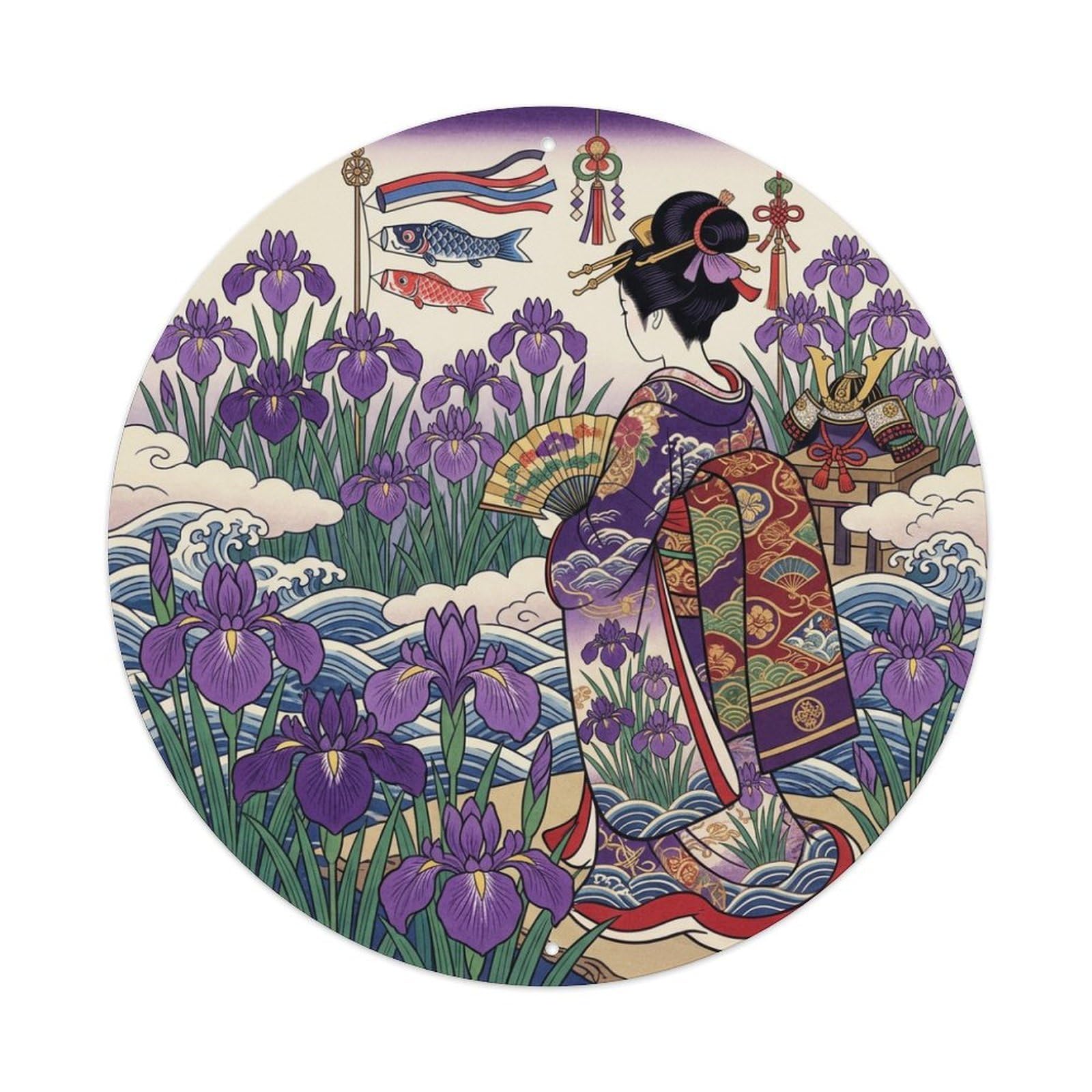 Galvaxio Style Japanese Kimono Woman Iris Flowers Festival Celebration Metal Tin Sign