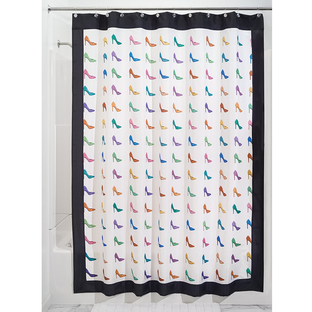 iDesign Stiletto Fabric Shower Curtain, Polyester Shower Screen with Bright Stiletto Shoe Pattern Design, 180 cm X 200 cm, Multi-Coloured