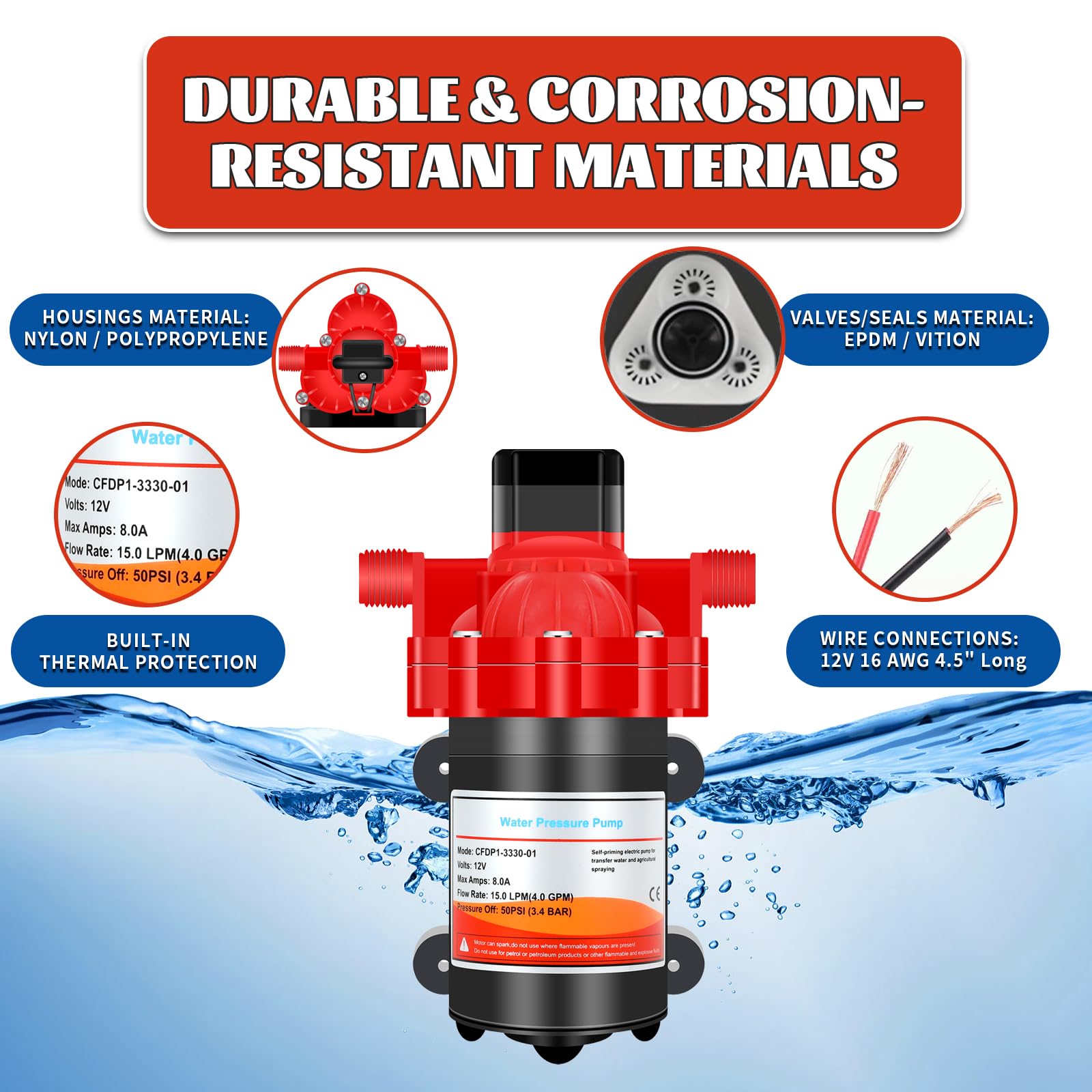Pompa samozasysająca z membraną wodną serii 33 12 V 4,0 GPM 50PSI Rv/Marine 12 V DC Zapotrzebowanie świeże